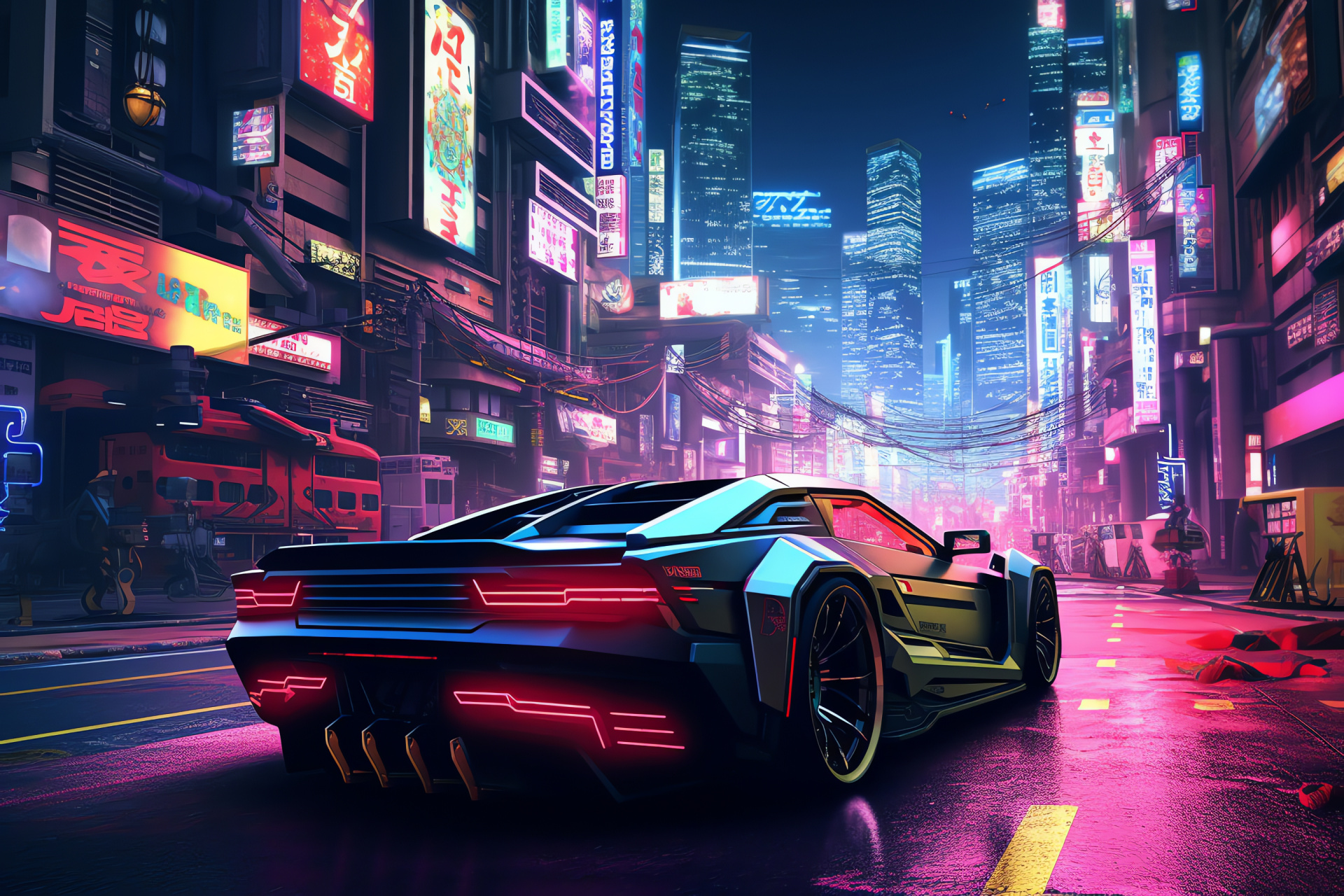 Neo Tokyo automotive tale, nighttime city radiance, neon boulevard streaks, vehicle glamor, modernistic allure, HD Desktop Image