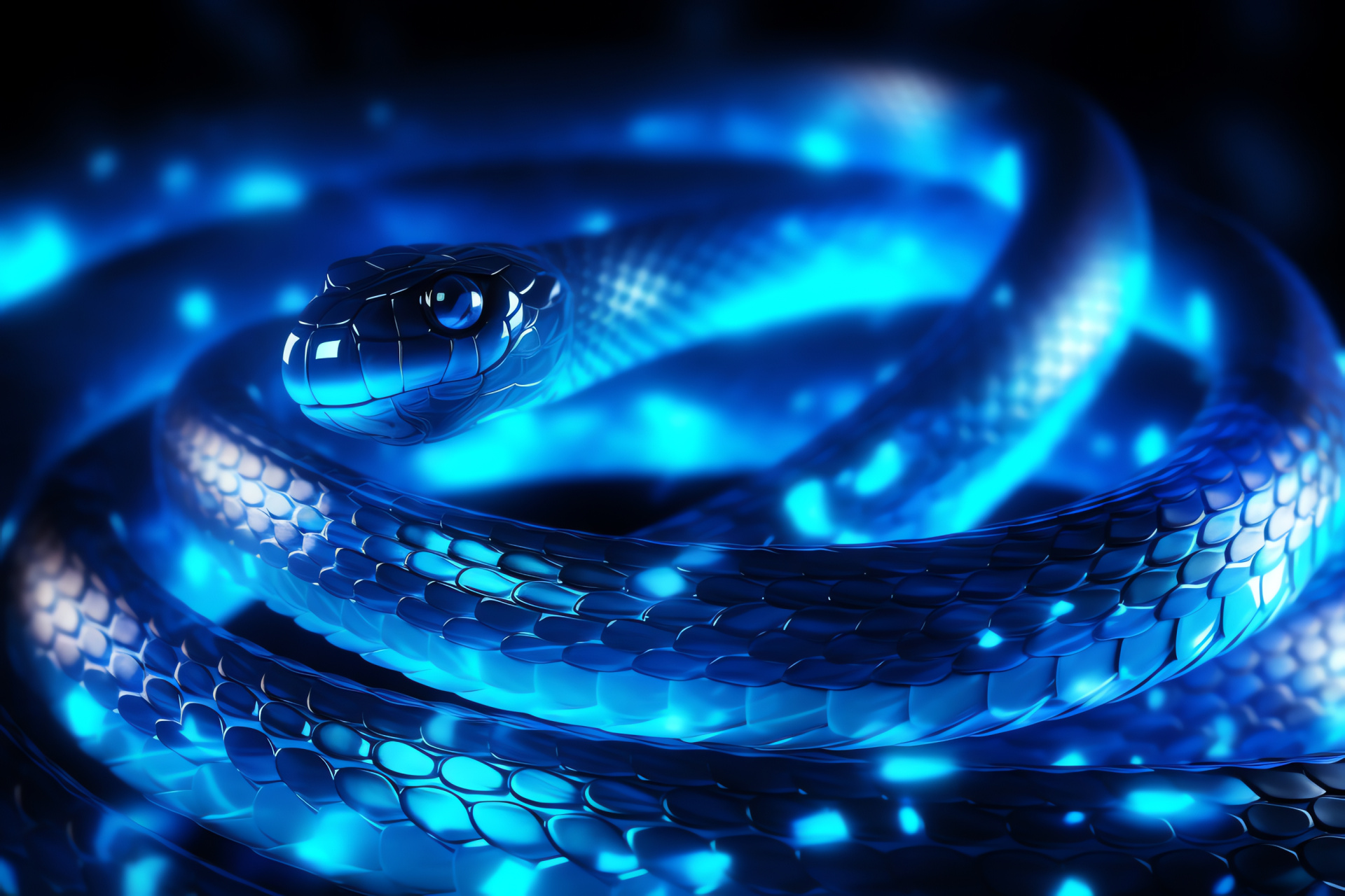 Luminous Neon Snake, Azure reptilian scales, Serpentine posture, Illuminated lines, Brilliant creature, HD Desktop Wallpaper
