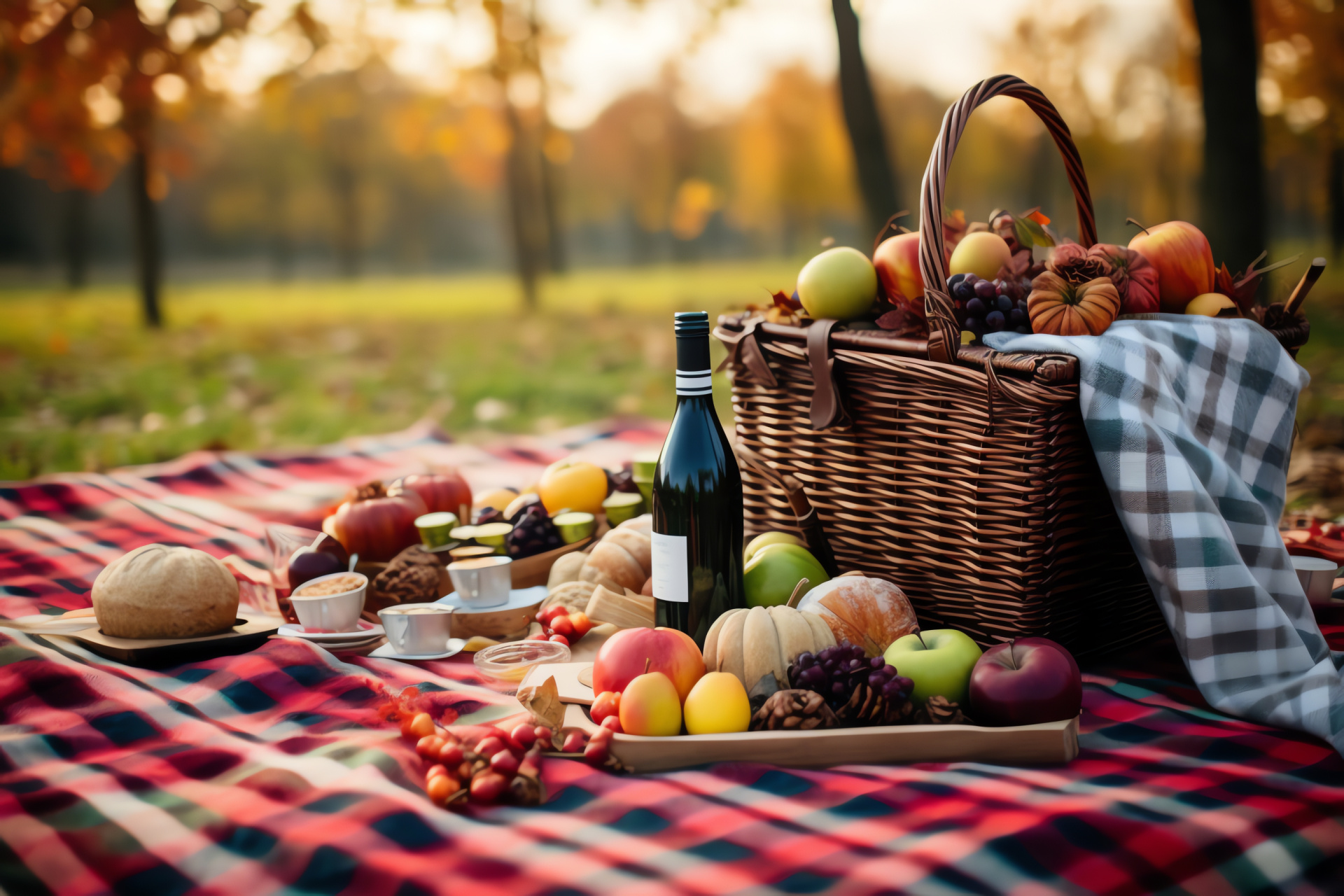 Thanksgiving al fresco picnic, Rural countryside setting, Cozy plaid fabric, Seasonal autumn foliage, HD Desktop Wallpaper