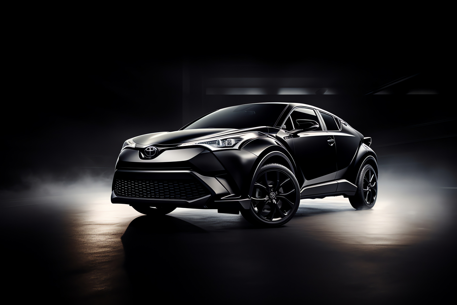 TRD styling, C-HR automobile, high-angle shot, black exterior, monochrome backdrop, HD Desktop Wallpaper