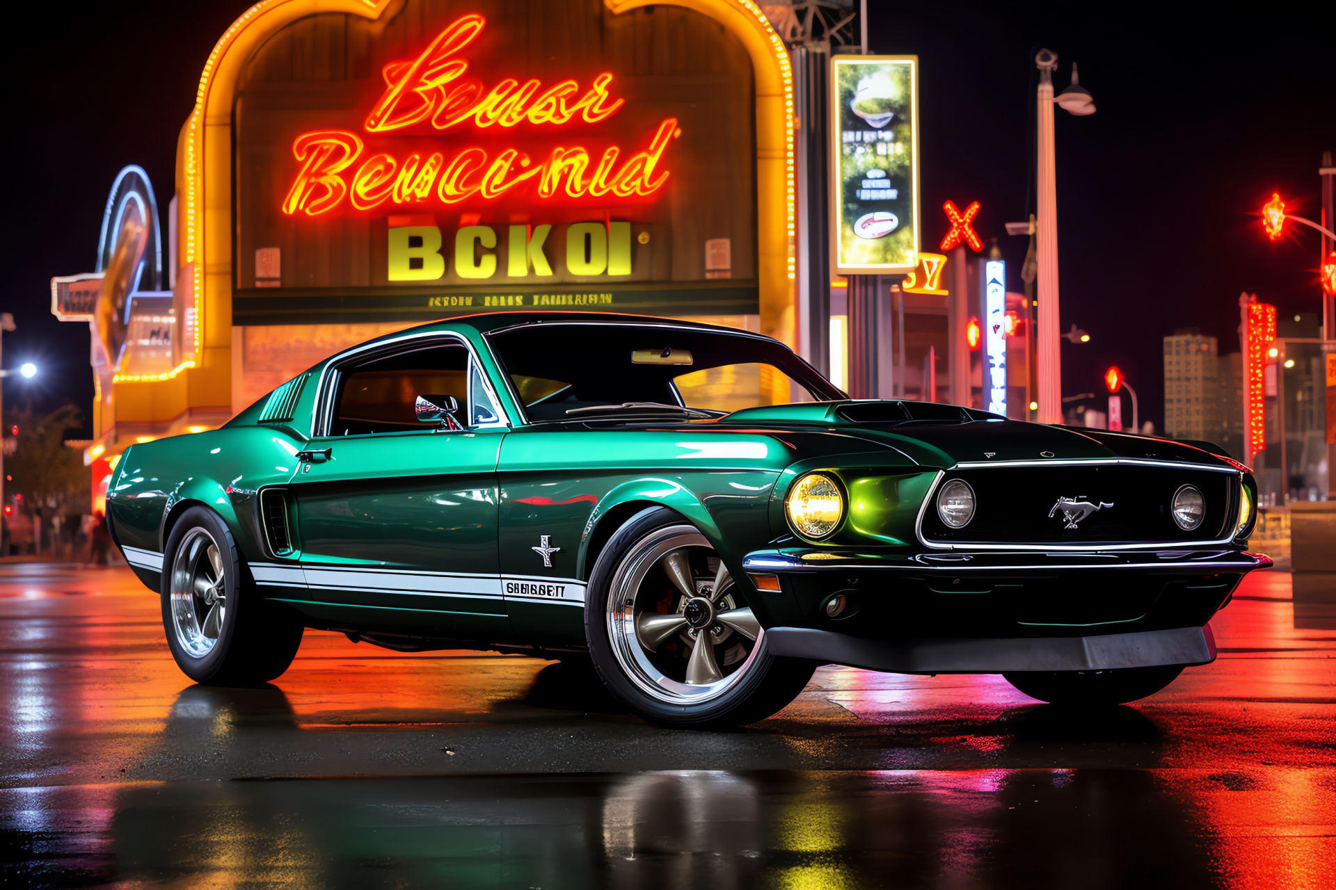 Mustang Bullitt, Las Vegas lights, Classic muscle, Nevada atmosphere, Automotive legend, HD Desktop Wallpaper