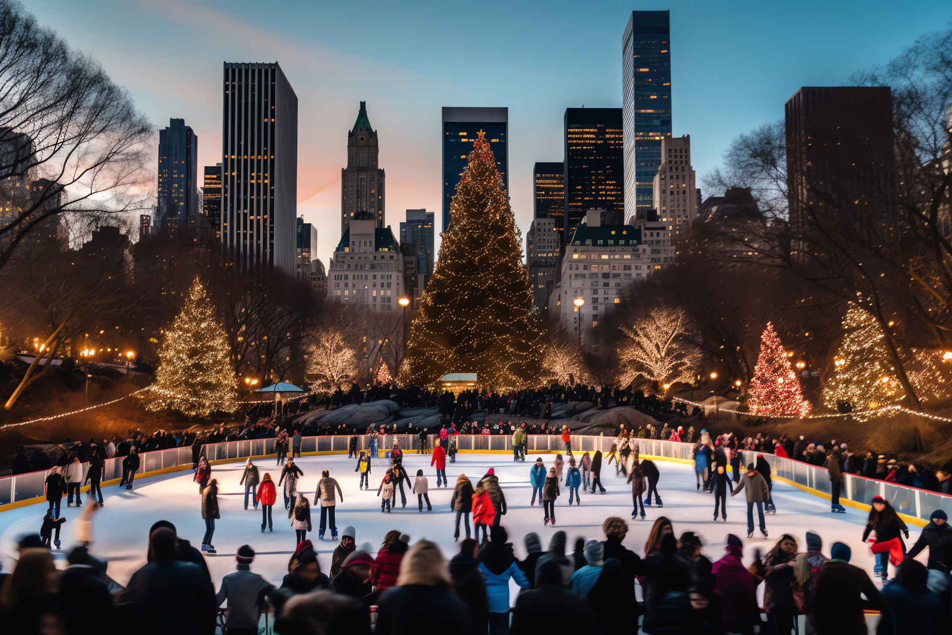 Central Park holiday scenery, Snowy enchantment, Ice-skating joy, Glittering Bow Bridge, Manhattan holiday view, HD Desktop Image