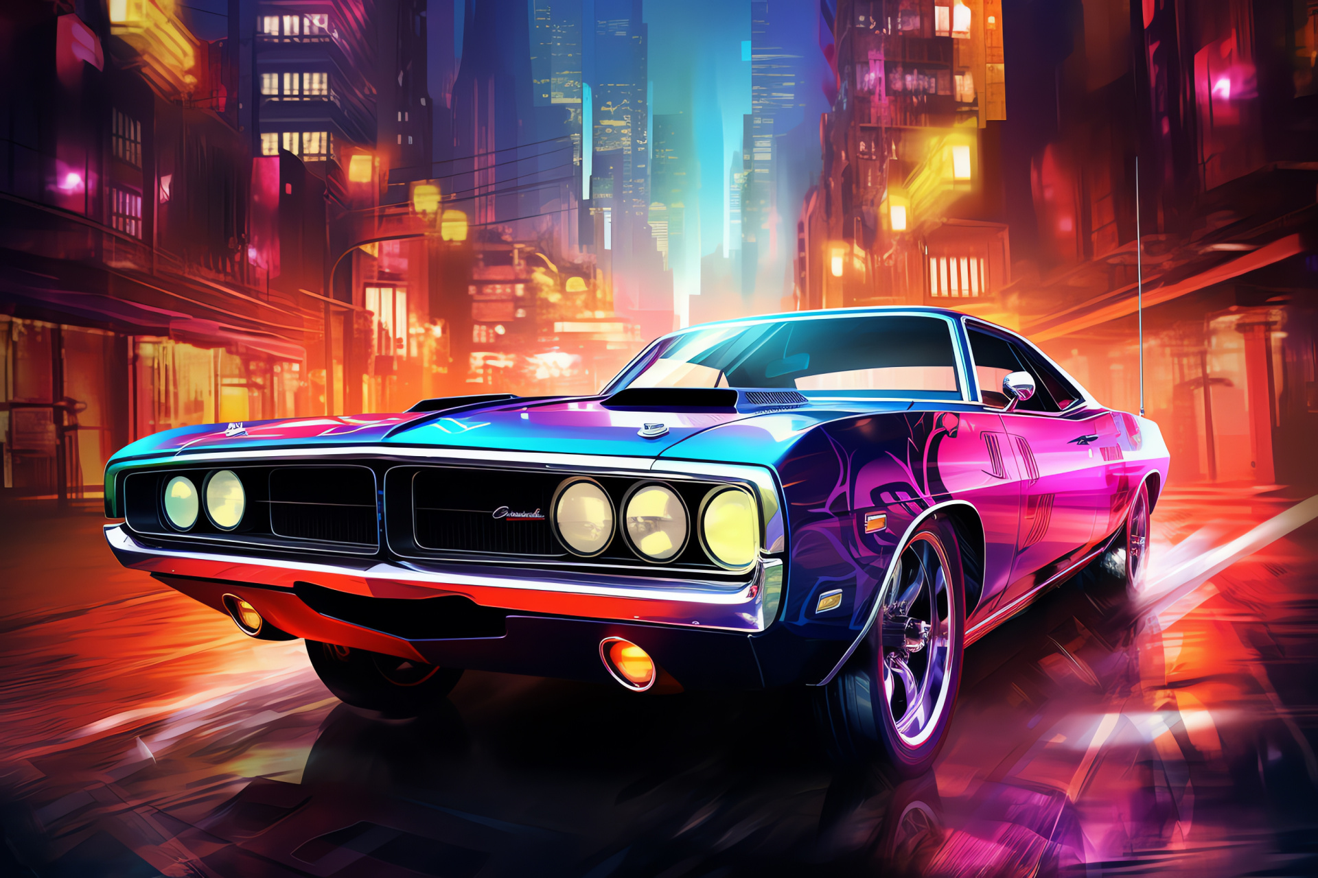 Vintage muscle car, Urban landscape, Night-time illumination, Metropolis vibrancy, City life energy, HD Desktop Wallpaper