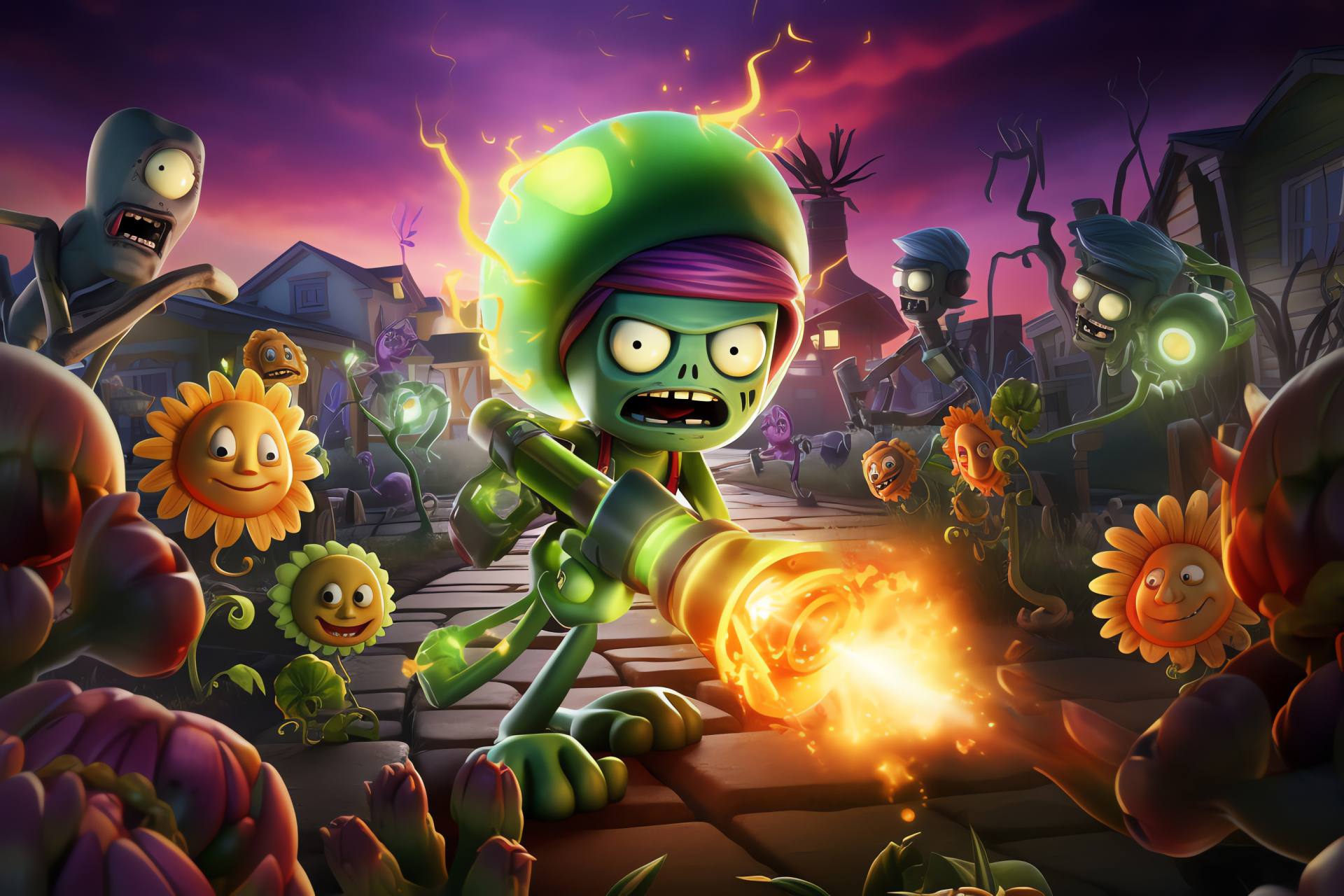 Zombie team members, All-Star zombie, Mad Scientist adversary, Master Engineer opponent, PvZ character lineup, HD Desktop Wallpaper