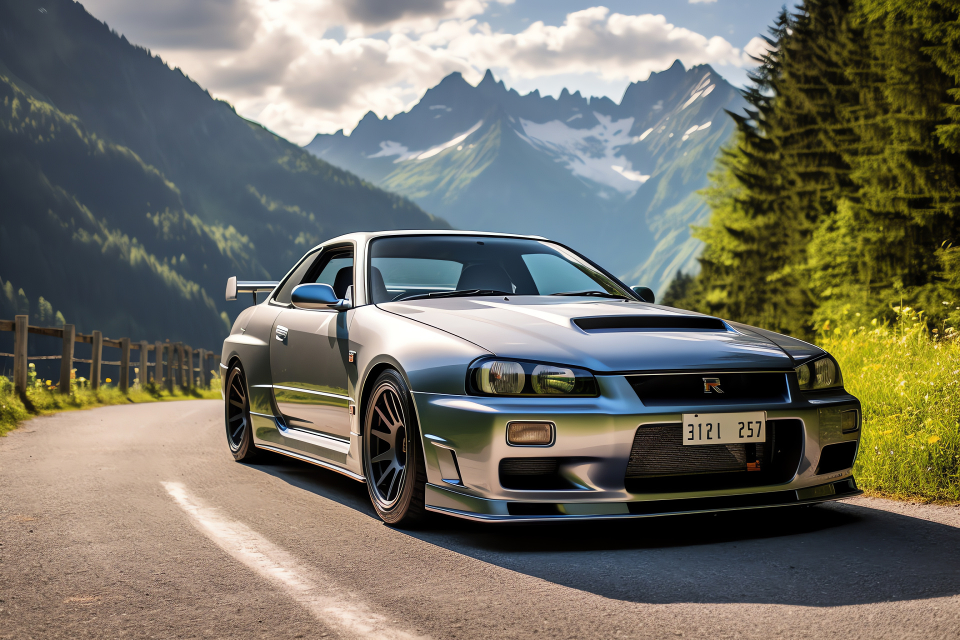 Nissan Skyline GTR, Alpine roads, V-Spec II Nr model, Swiss mountain driving, Metallic luster, HD Desktop Wallpaper