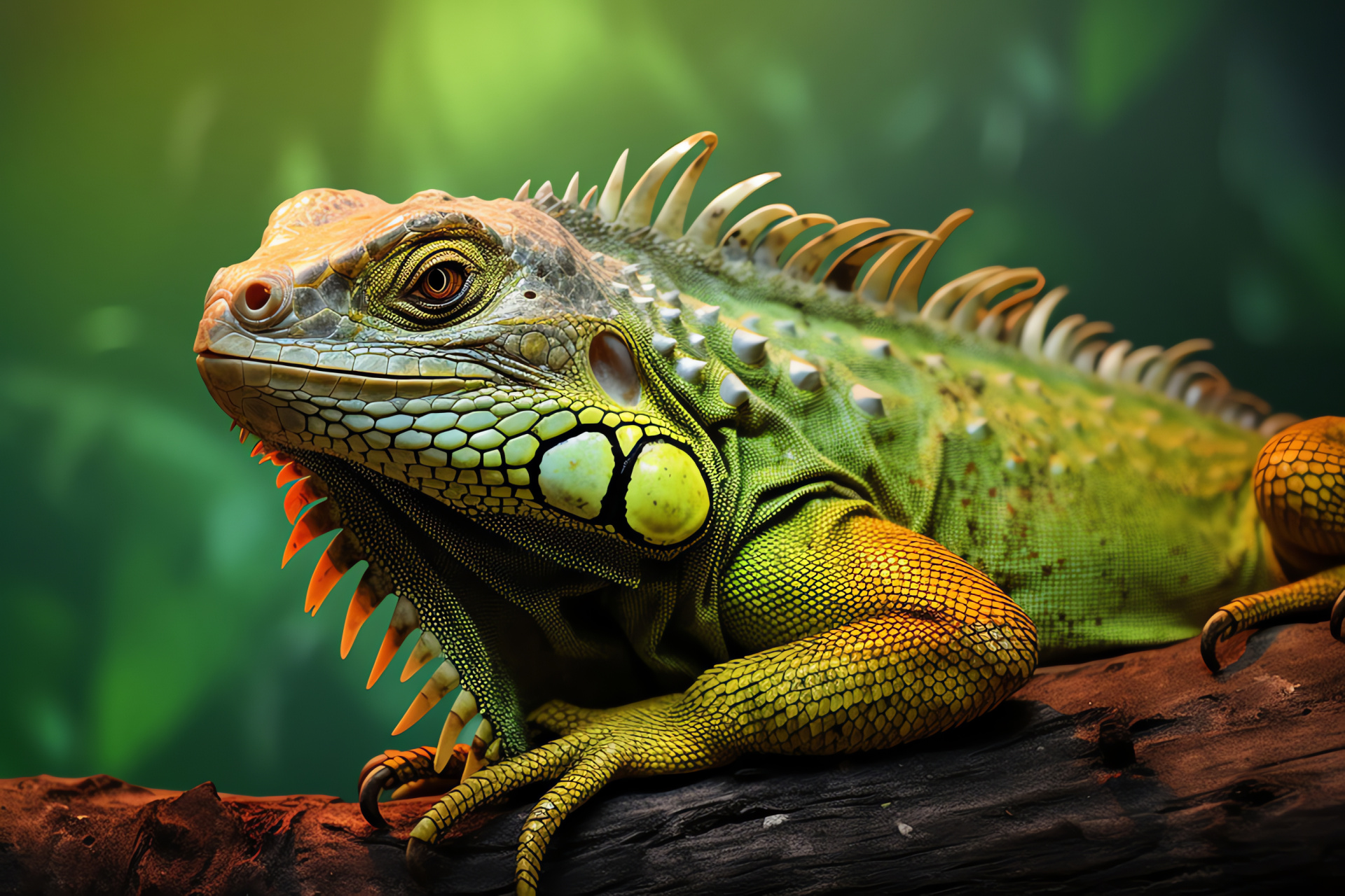 Basking iguana, Sun-loving reptile, Iguanidae family, Radiant hues, Warm-blooded display, HD Desktop Image