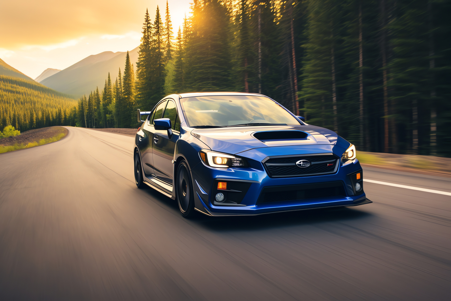 Subaru WRX STI, exhilarating mountain ascents, turbocharged acceleration, dynamic road grips, iconic sport design, HD Desktop Wallpaper