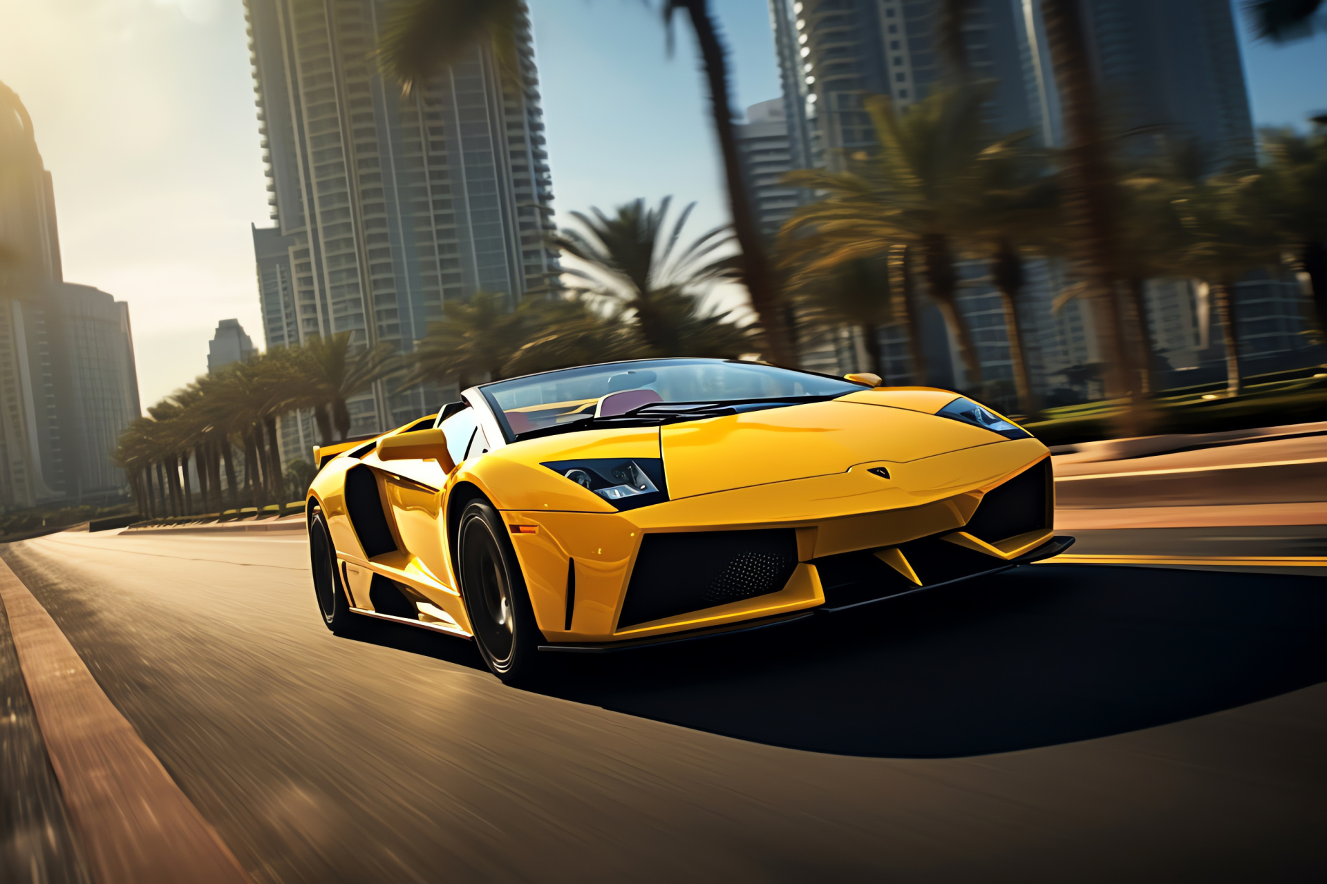 Lamborghini Murcielago LP640-4 Roadster, Dubai skyline, Luxury car photography, Iconic hotel backdrop, Palm Jumeirah island, HD Desktop Image