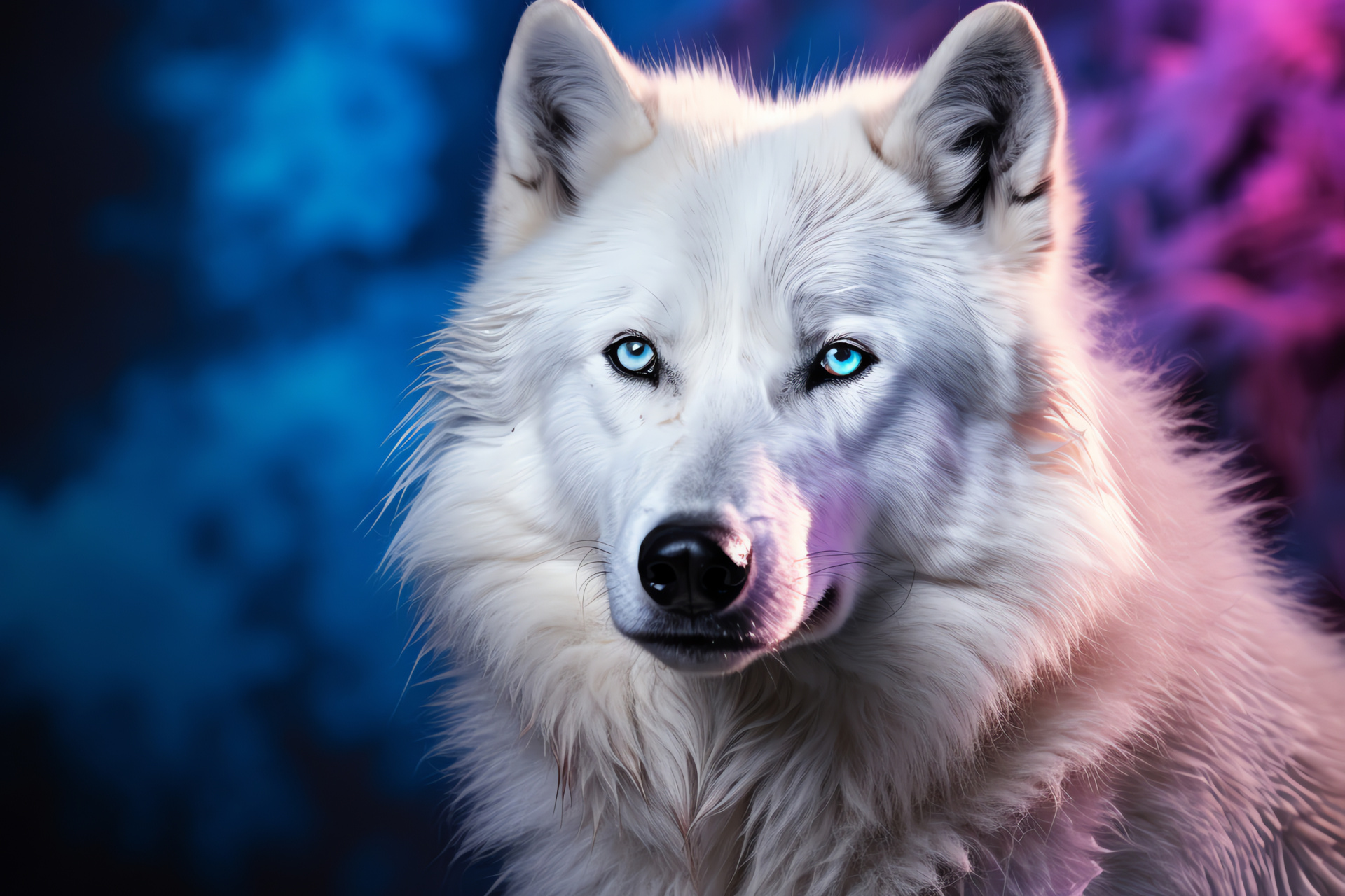 White Wolf, vivid backdrop, glacial fur, cobalt vision, magical ambiance, HD Desktop Image