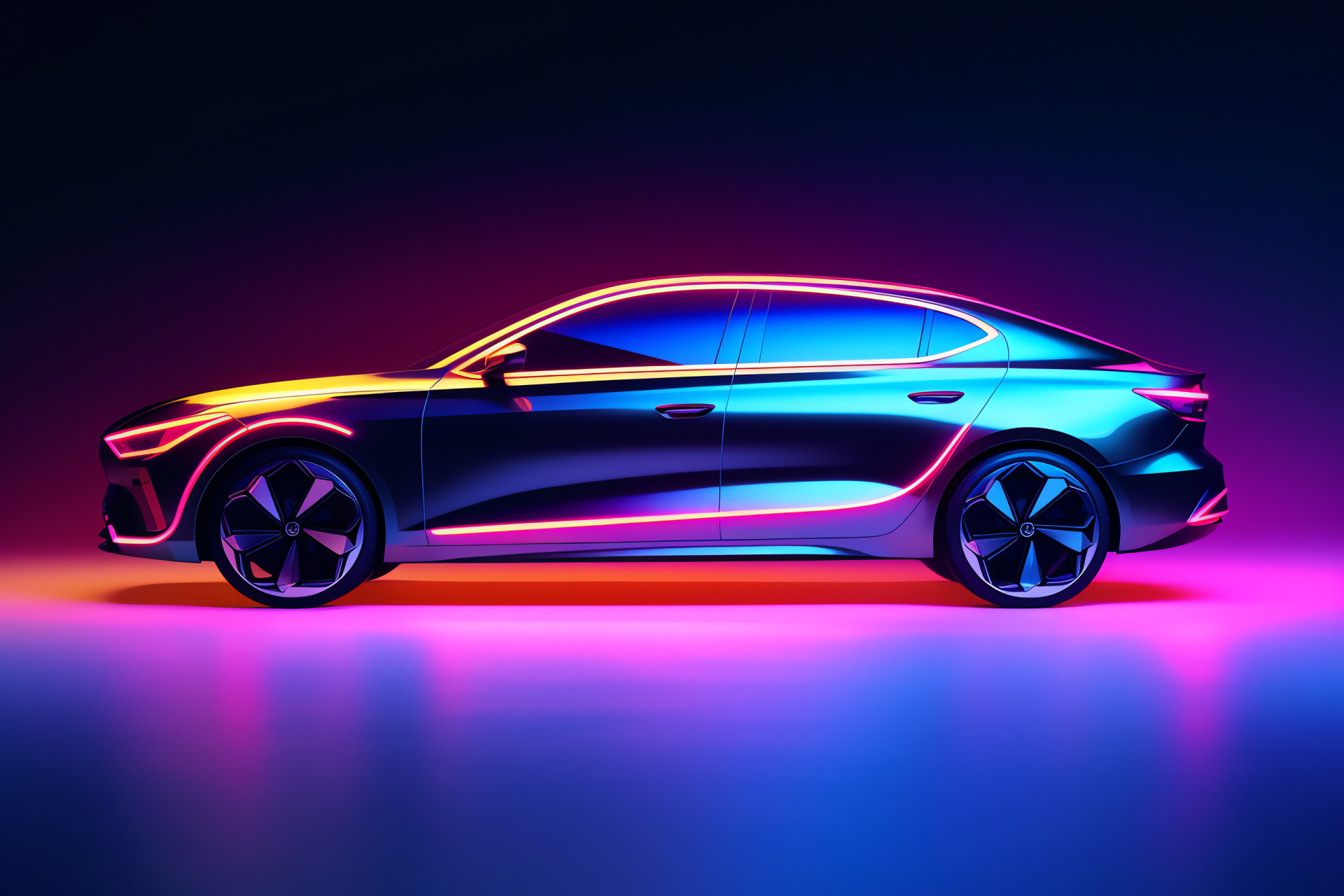 Neon-lit vehicle, two-tone frame, automobile design, side profile, urban style, HD Desktop Wallpaper