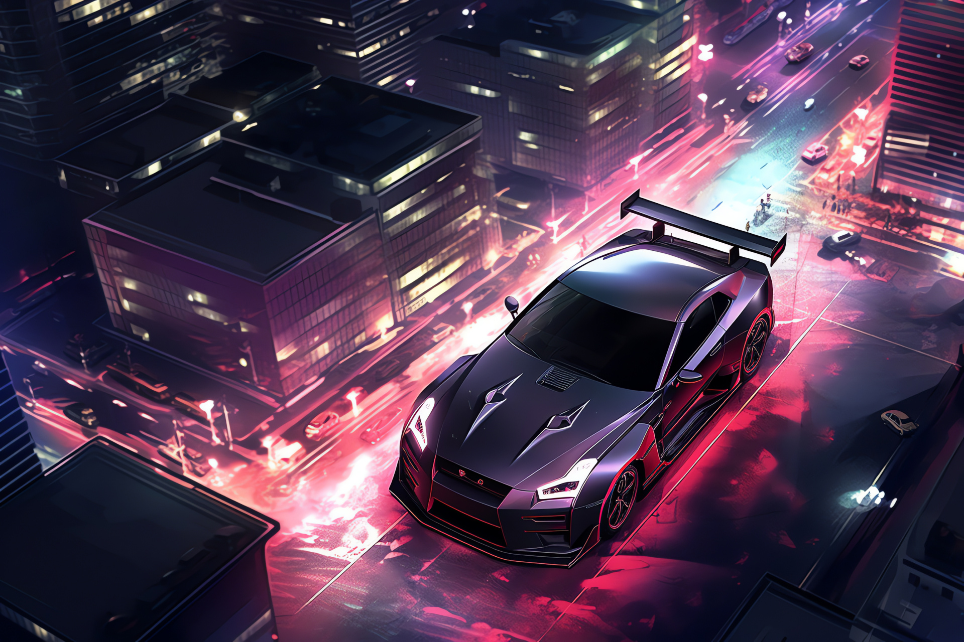 Nissan GT-R Nismo, Metropolis lights, High-altitude perspective, Japanese excellence, Racing modification, HD Desktop Wallpaper