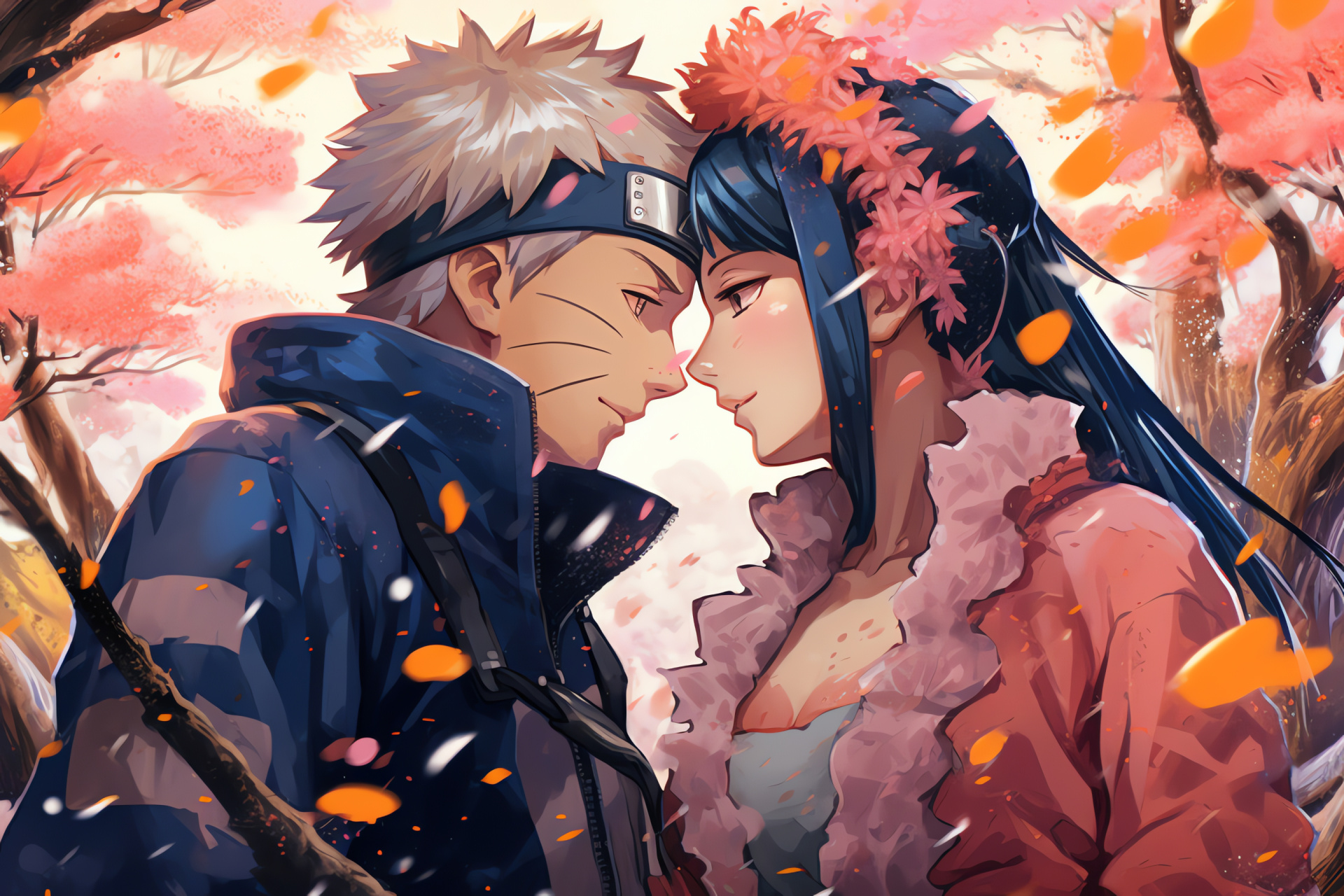Naruto and Hinata, Anime romance, Sakura trees, Affectionate moment, Manga series, HD Desktop Image