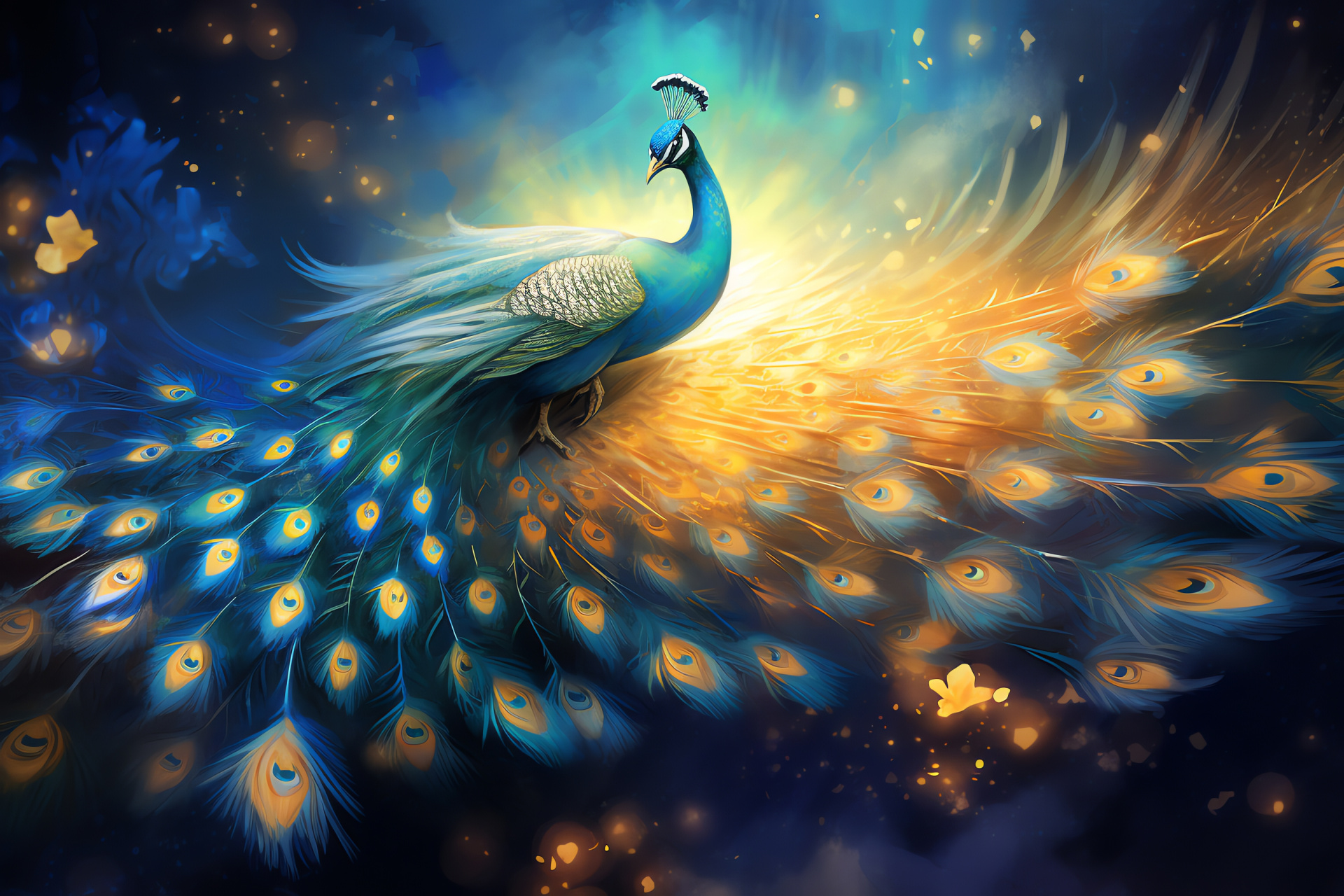 Stellar peacock, Blue celestial plumage, Silver and gold highlights, Avian star journey, Cosmic ambiance, HD Desktop Image