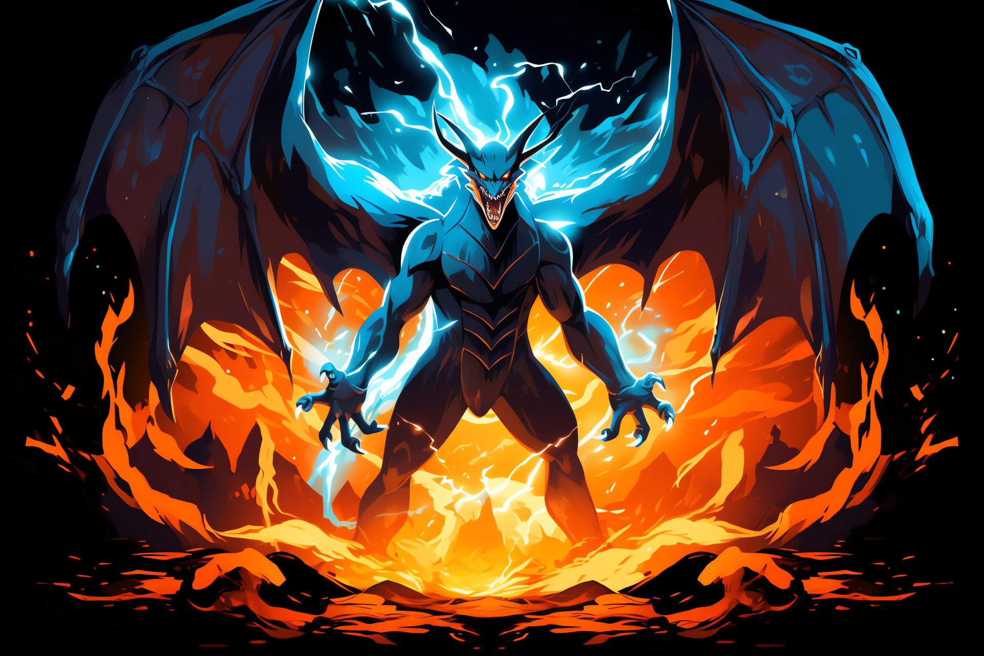 Mega Charizard portrayal, Blaze-orange scales, Chartreuse nature backdrop, Gleaming gaze, Expanded wing display, HD Desktop Image