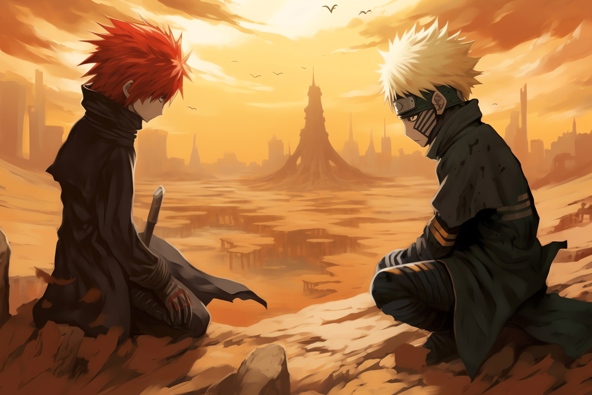 Desert showdown, Kurama chakra, Gaara defense, Ninja determination, Intense focus, HD Desktop Image