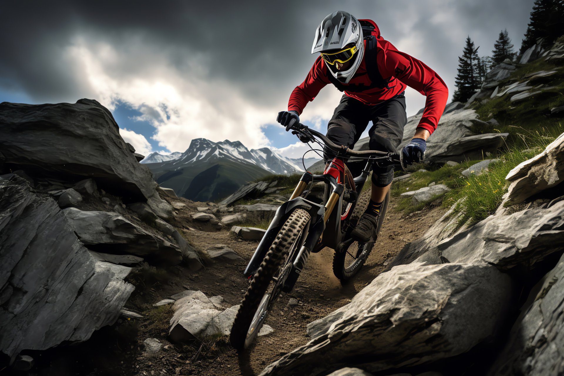 MTB French Alps scenery, Pro cyclist Loic Bruni, Alpine downhill challenge, Rugged mountain terrain, Technical biking trails, HD Desktop Image