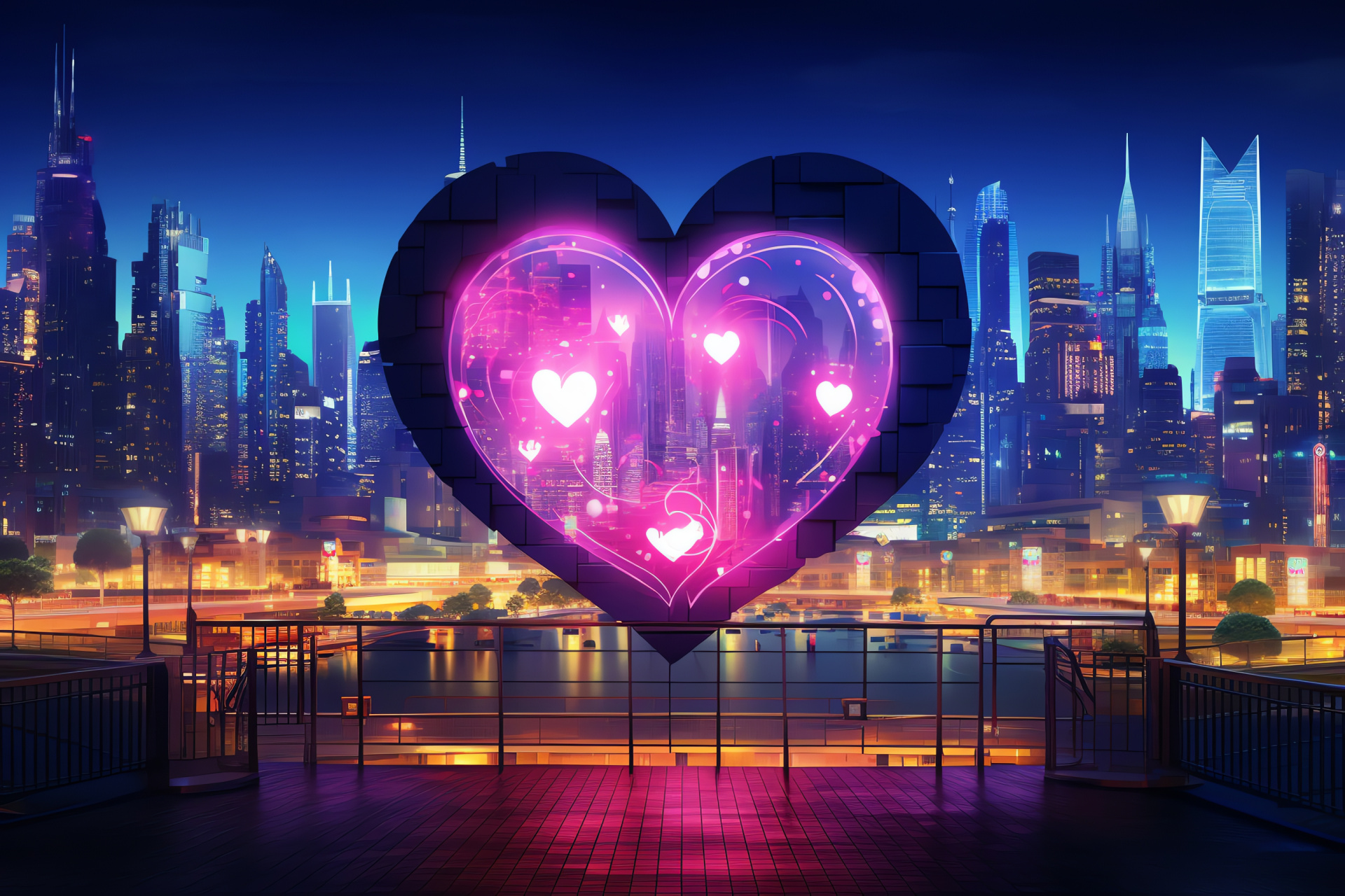 Affection festival, Urban outline, Evening ambiance, Luminous displays, Romantic emblems, HD Desktop Image