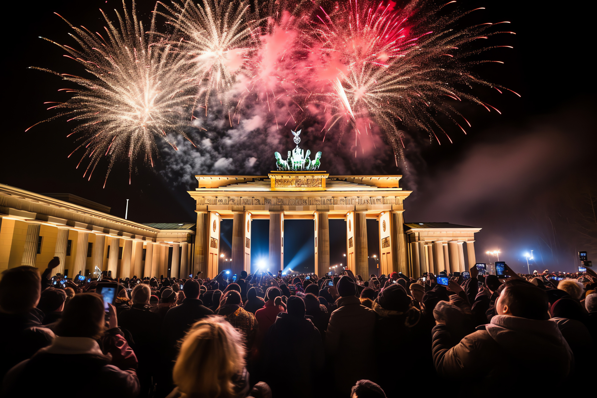 Berlin NYE, Brandenburg festivities, river reflections, pyrotechnic splendor, communal festivities, HD Desktop Image