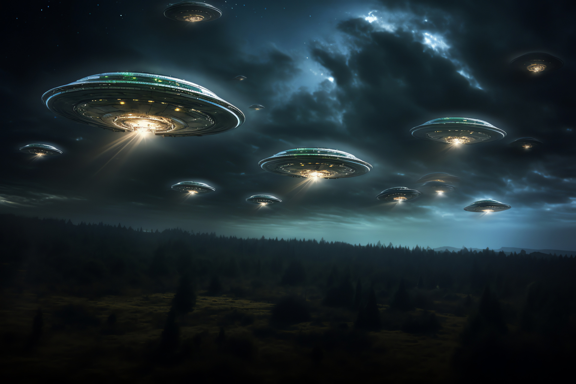 UFO squadron night flight, Extraterrestrial fleet, Vast celestial sky, Spacecraft journey, Cosmic touch, HD Desktop Image