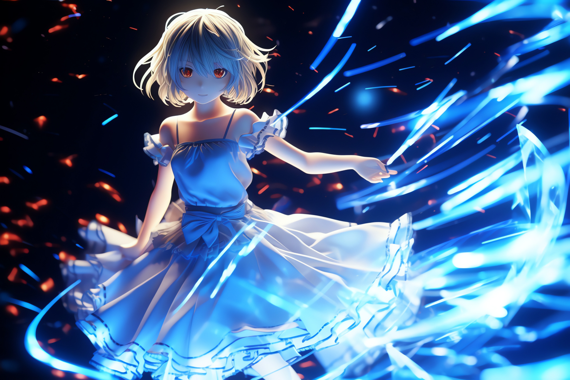 Touhou Cirno, Frigid fairy, Cobalt tresses, Ice elemental, Monochrome contrast, HD Desktop Wallpaper
