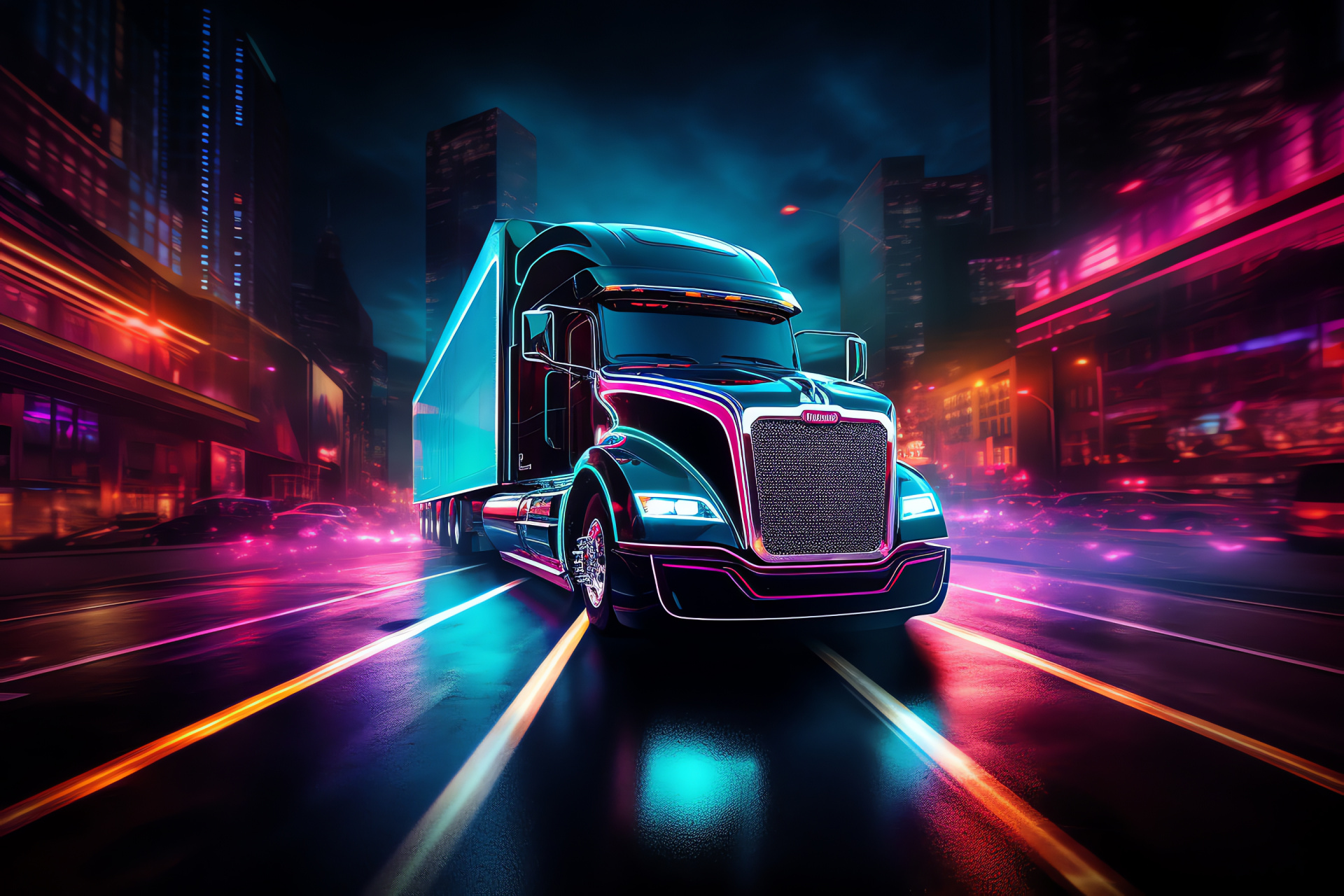 Peterbilt Branding, A.I. transportation future, Skyline vista, Metropolis glow, Commercial vehicle evolution, HD Desktop Wallpaper