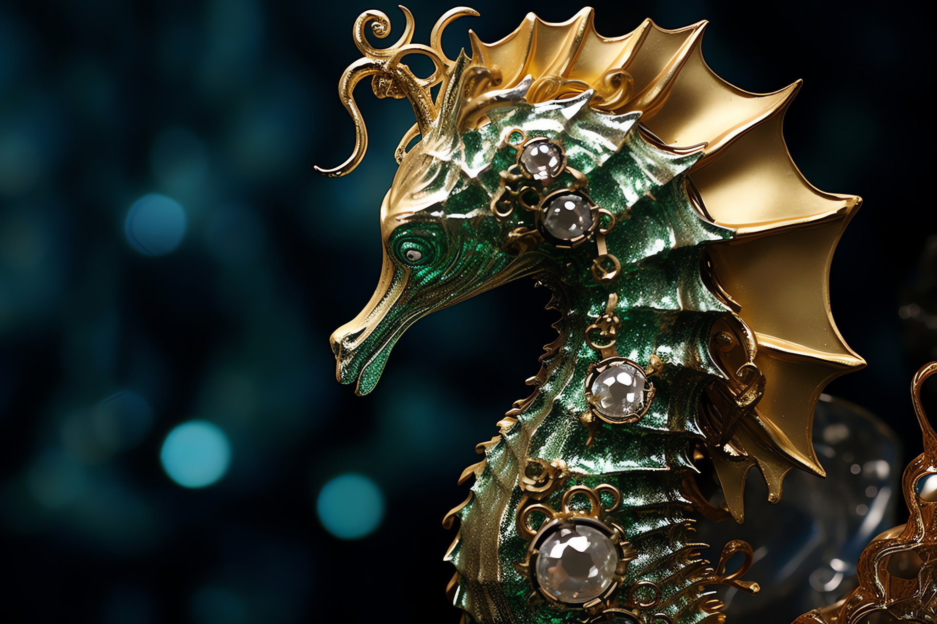 Aquatic Seahorse, Oceanic green-eyed creature, Golden-tinged marine animal, Ocean floor habitat, Iridescent sea life, HD Desktop Wallpaper