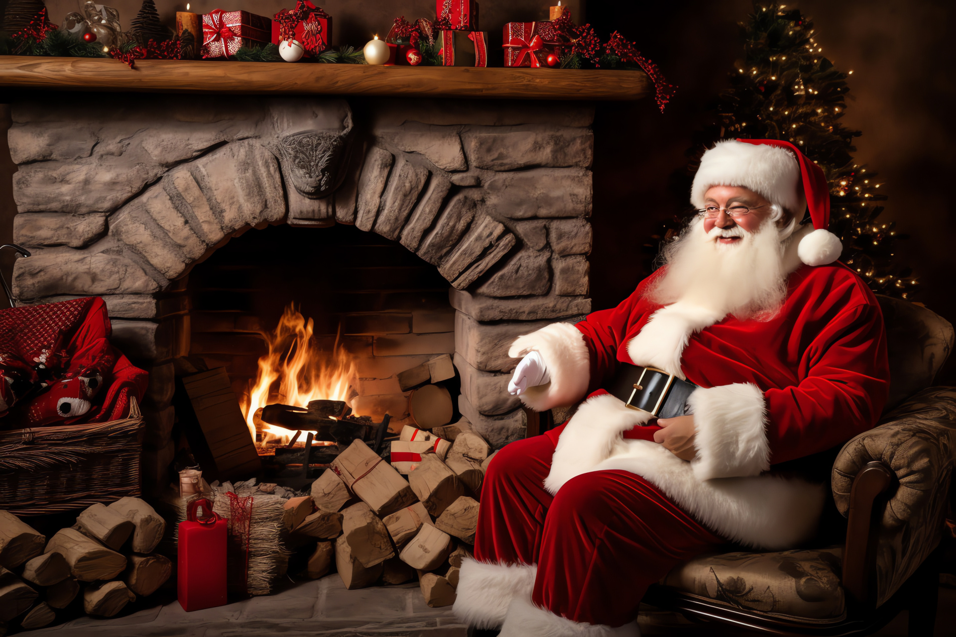 Santa Claus near warm hearth, Cozy fireplace ambiance, Wintry living room decor, Snowy landscape outside, Seasonal comfort, HD Desktop Wallpaper