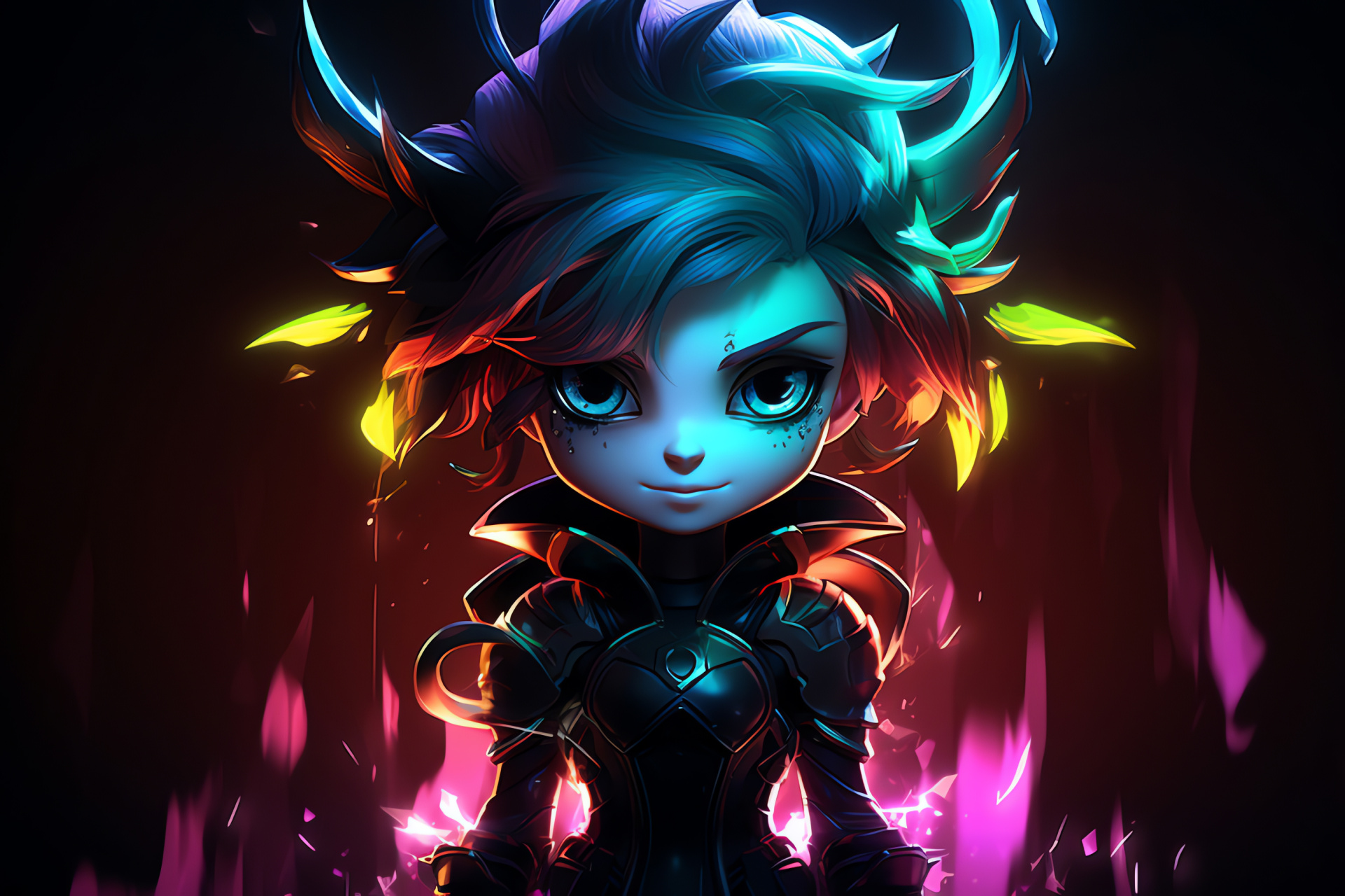 Tristana in battle, Yordle sniper, Crimson mane, Clover gaze, Luminous body art, HD Desktop Image