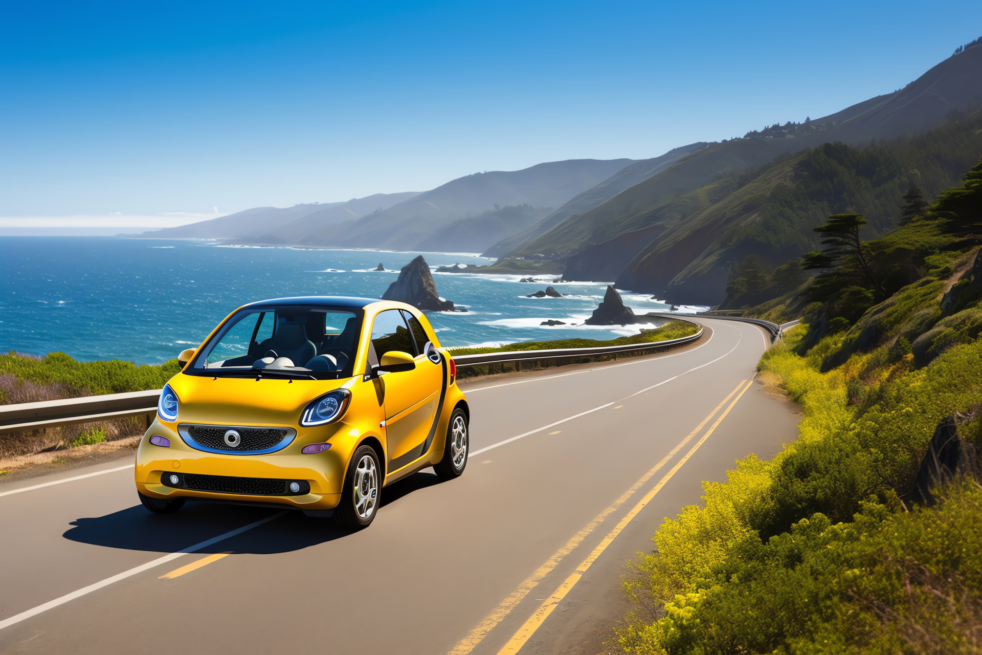 Smart Electric Drive, California coastlines, Bright yellow smart car, Cliffside Pacific views, Renewable energy vehicles, HD Desktop Wallpaper