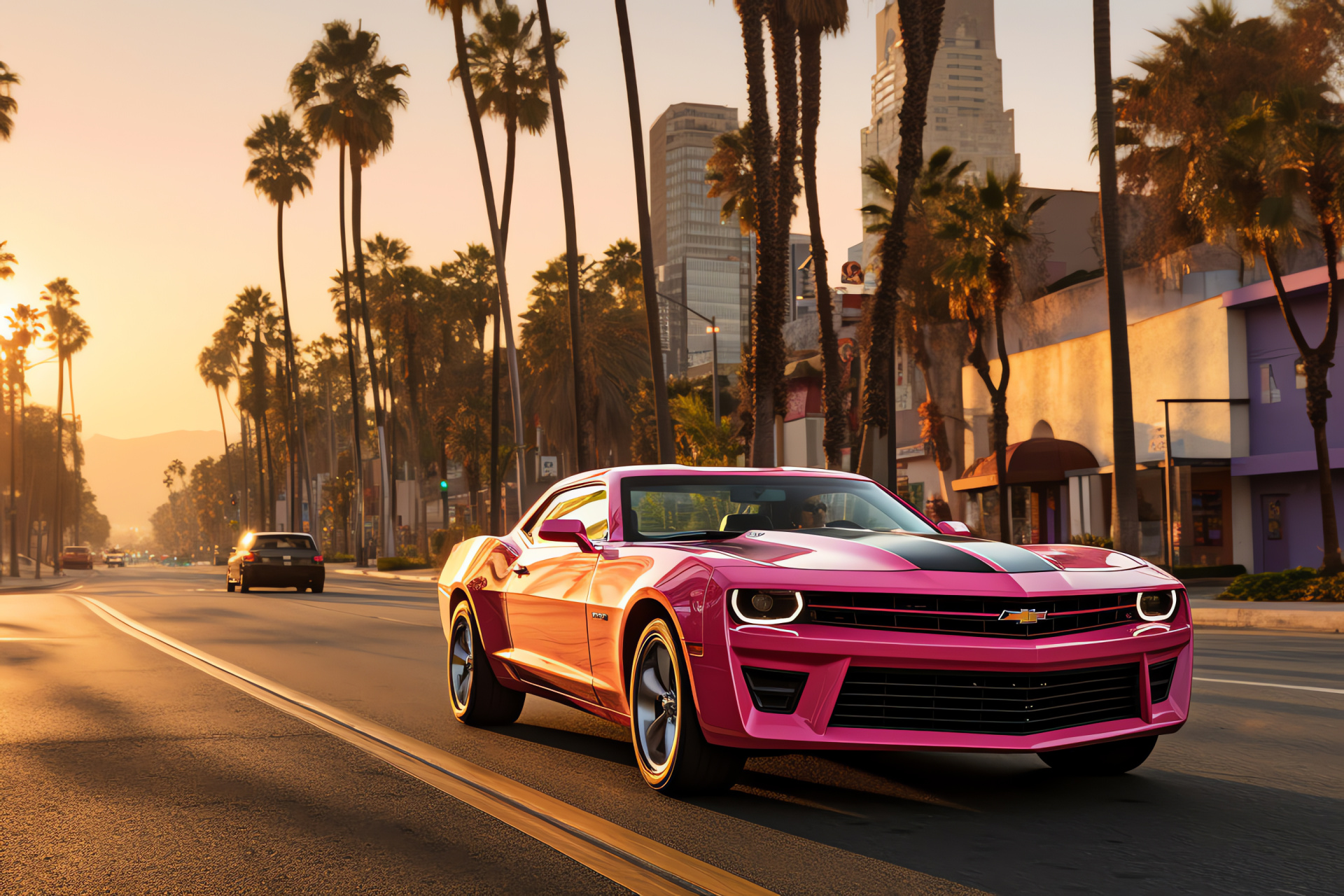Pink Chevy Camaro, city life pulse, Sunset Strip highlights, Californian palms, entertainment billboards, HD Desktop Image
