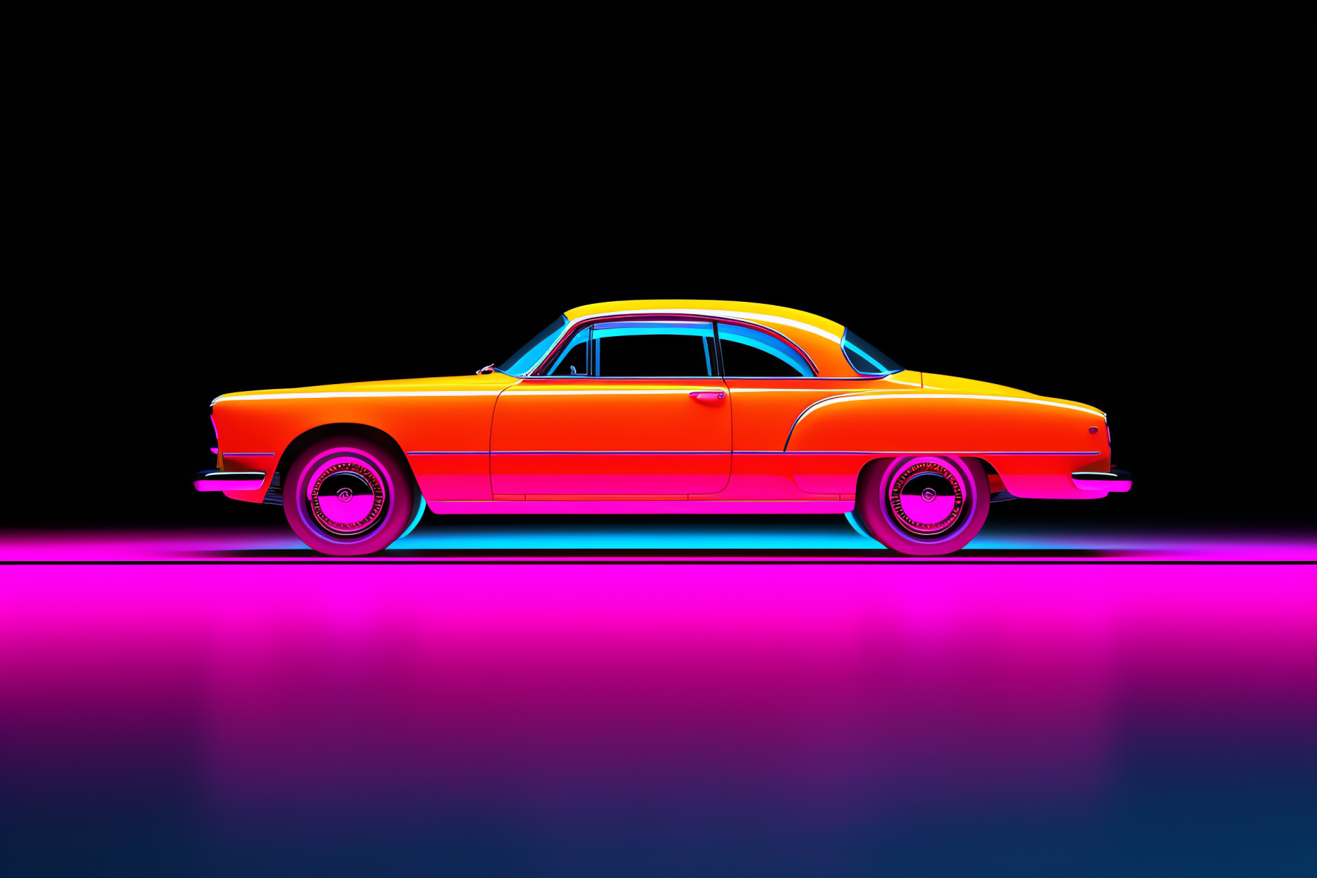 Neon car display, two-tone backdrop, automobile side perspective, luminous urban style, contrasting hues, HD Desktop Image