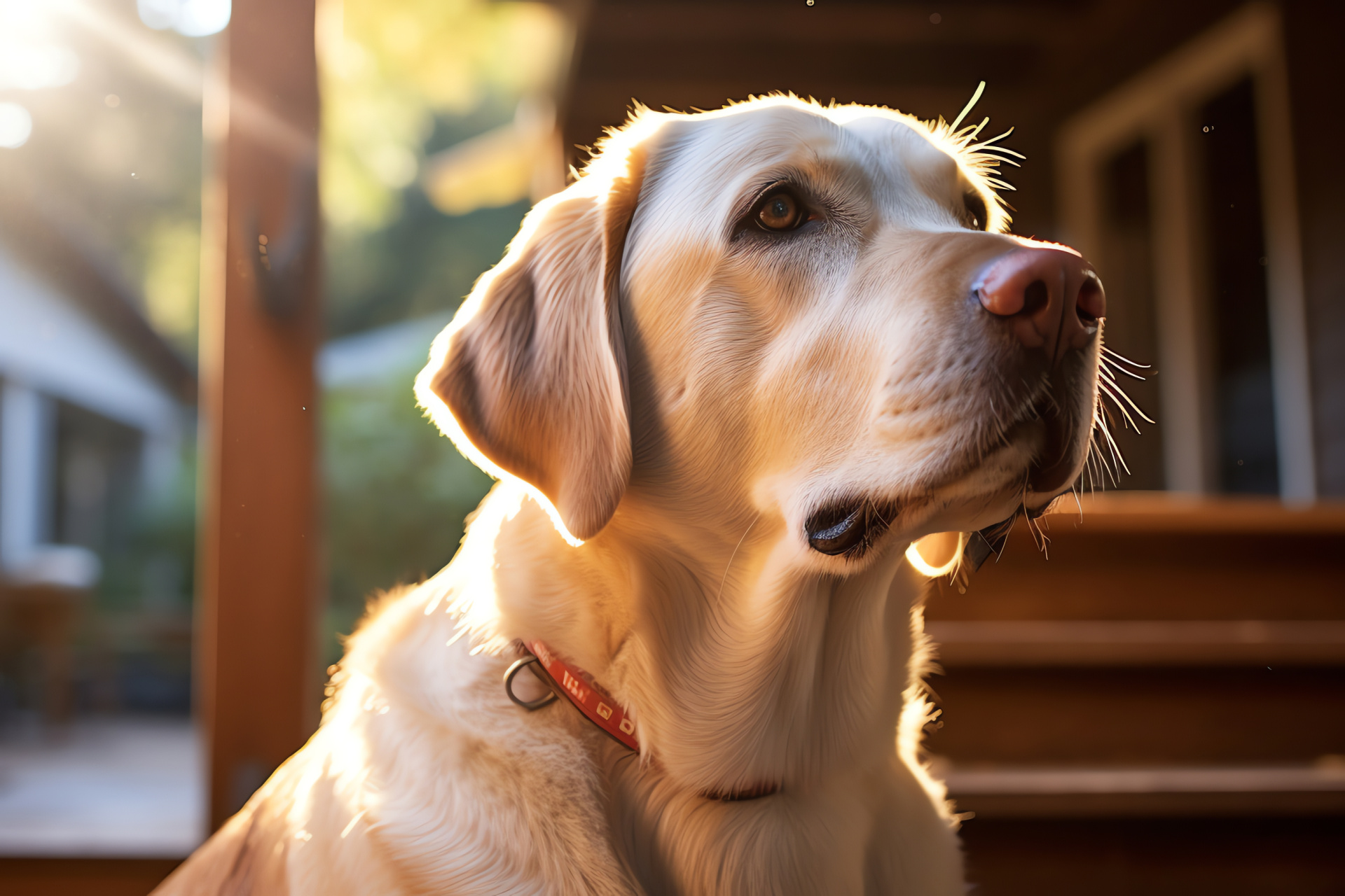 Guardian breed, Attentive canine, Sun-drenched coat, Residential setting, Lower perspective, HD Desktop Image