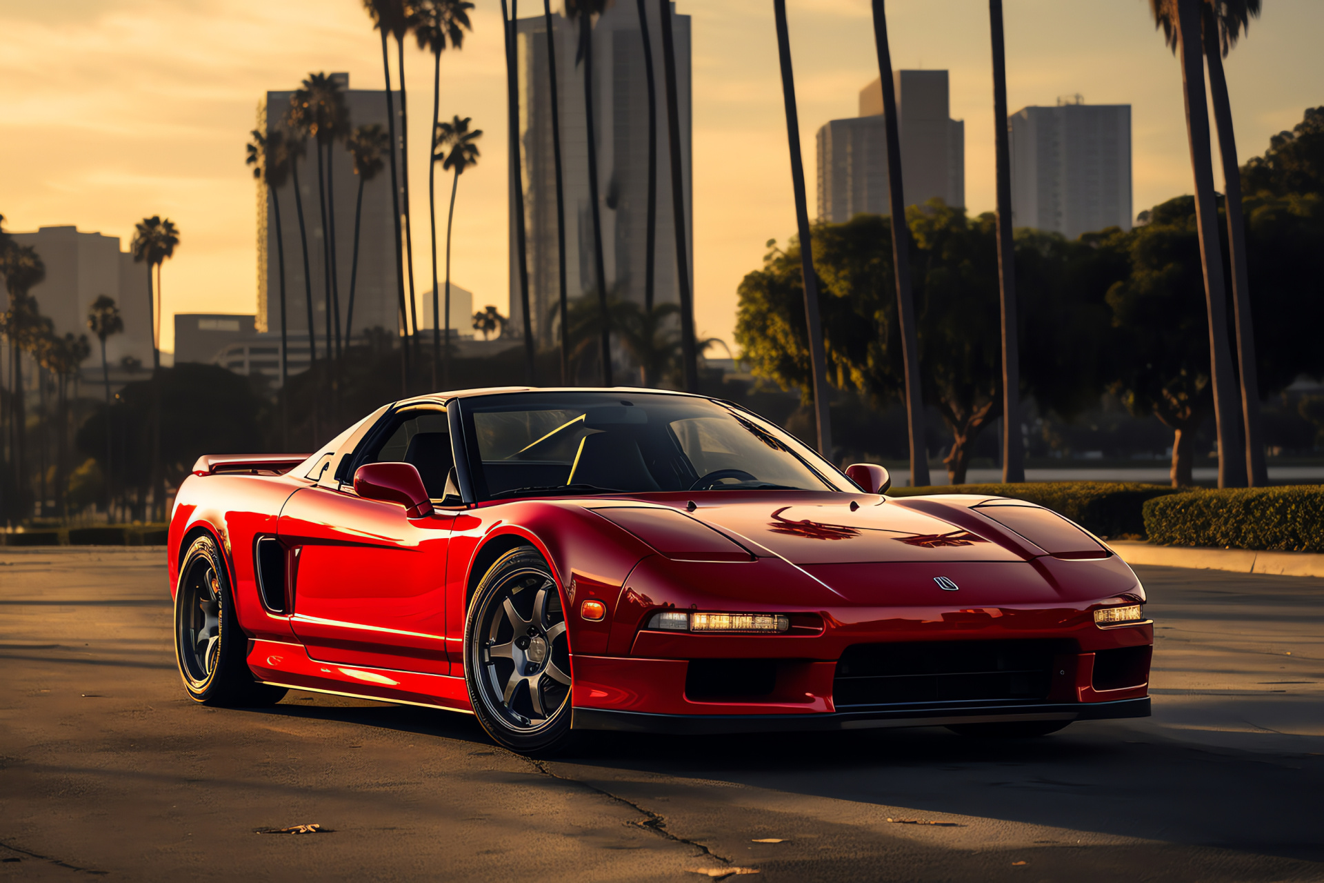 Veilside NSX appearance, Los Angeles streets, Palms and skyline, Automotive aesthetics, City driving experience, HD Desktop Image