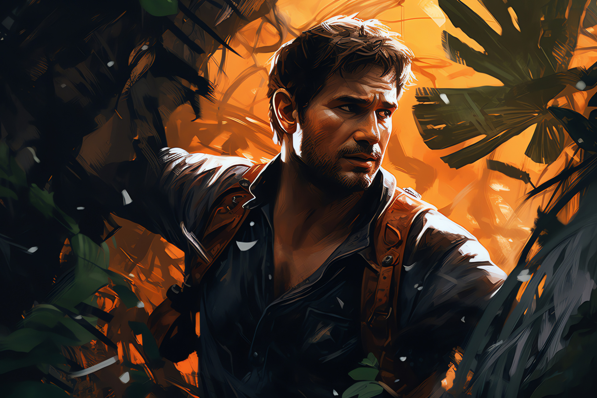 Uncharted 2 jungle episode, Explorer Drake, Tropical rainforest, Hostile group, Plant overgrowth, HD Desktop Wallpaper