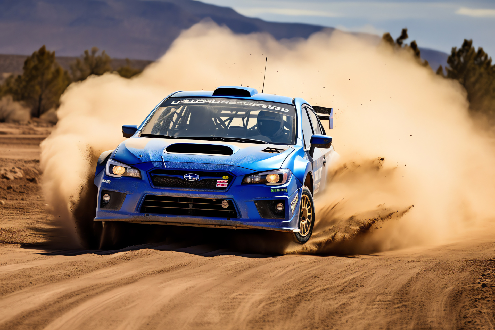 Rally racing, Subaru WRX STI, desert motorsport, off-road features, dusty trails, HD Desktop Image