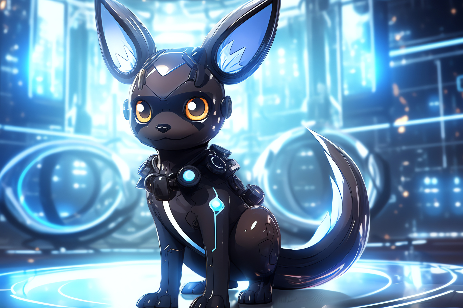 Shiny Umbreon Pokemon, Digital sci-fi art, High-tech laboratory scene, Scientific team, Genetic exploration, HD Desktop Wallpaper