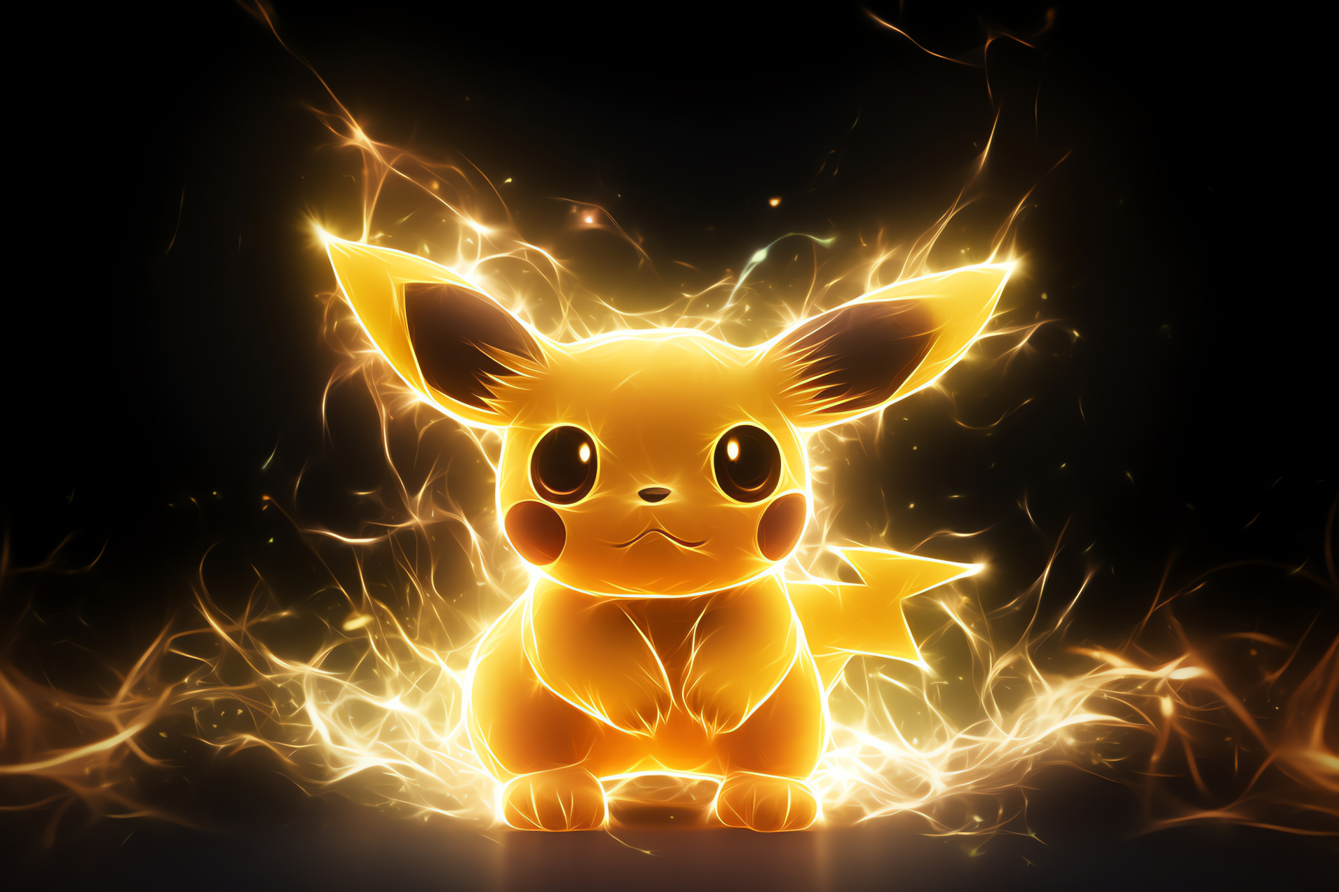 Pokmon figure, lustrous coat, illuminated contour, leafy shades, electric hues, HD Desktop Image