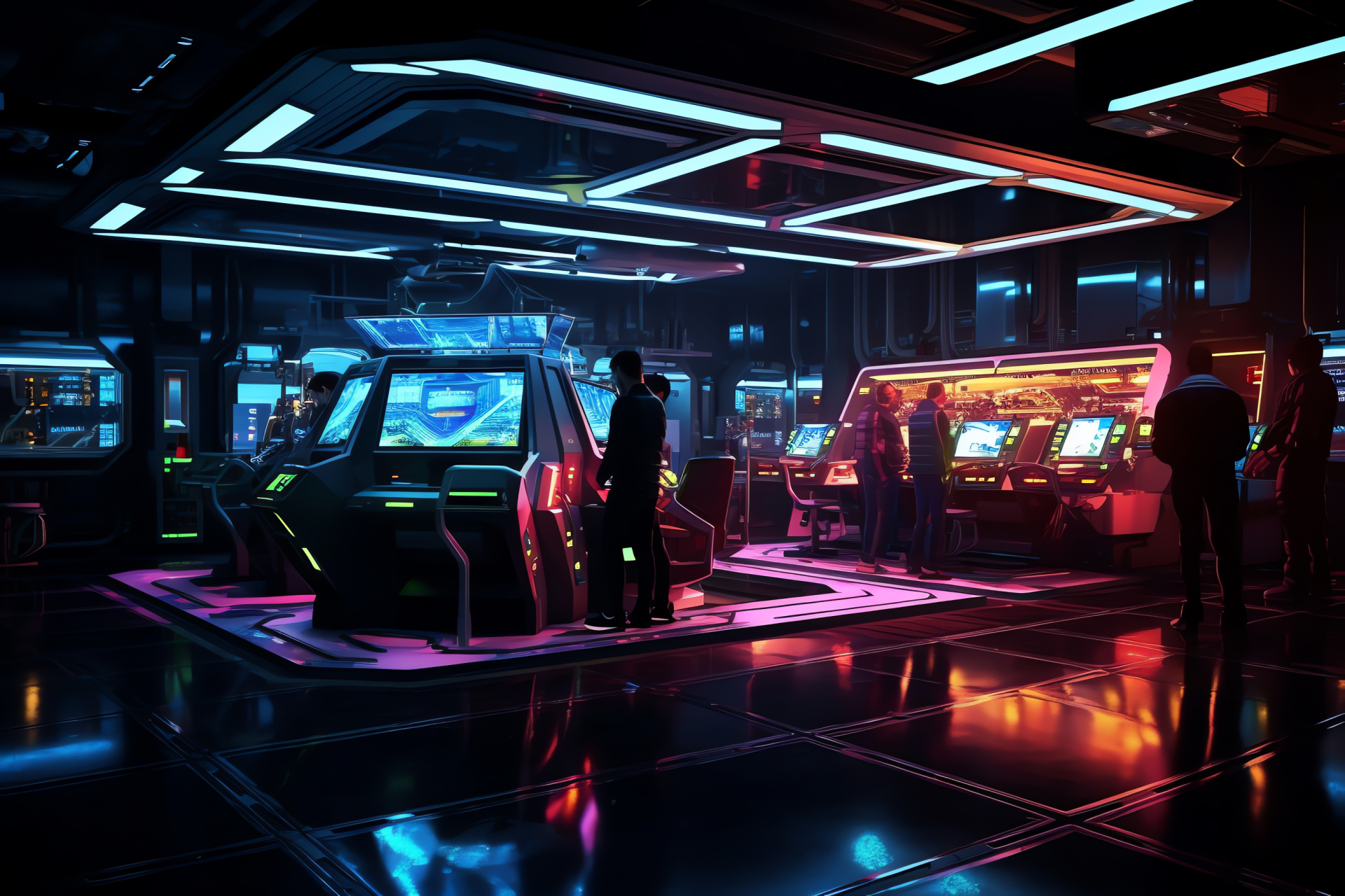Spacecraft interior, Astronaut training facility, Space crew, Illuminated panels, Sci-fi scene, HD Desktop Image