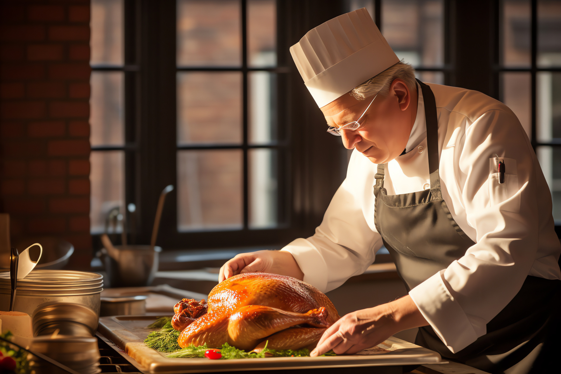 Celebratory Thanksgiving cooking, Holiday meal preparation, Classic chef attire, Turkey day cuisine, Culinary traditions, HD Desktop Wallpaper