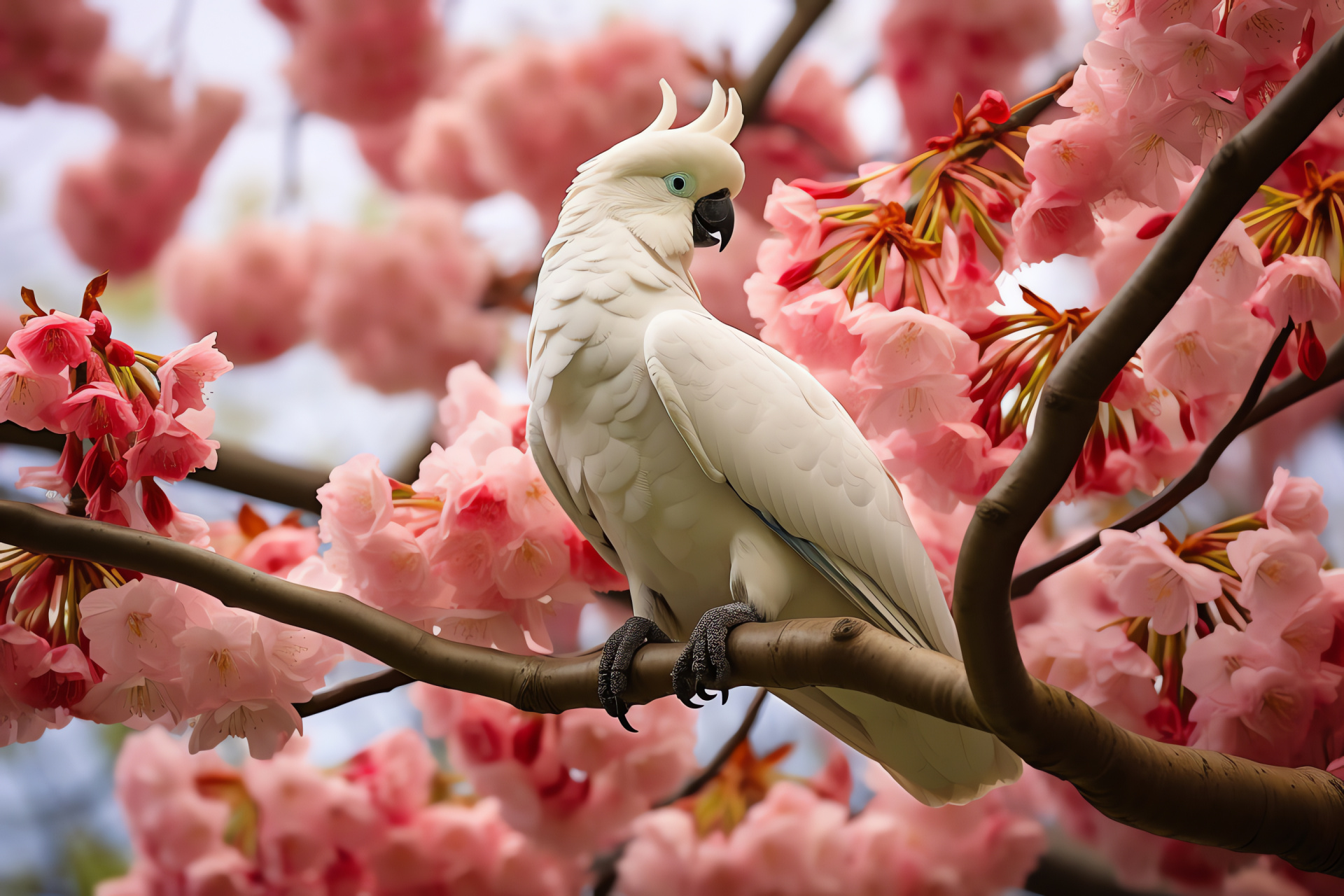 Cockatoo bird, Peaceful garden, Aviary white, Garden blooms, Flora perches, HD Desktop Wallpaper
