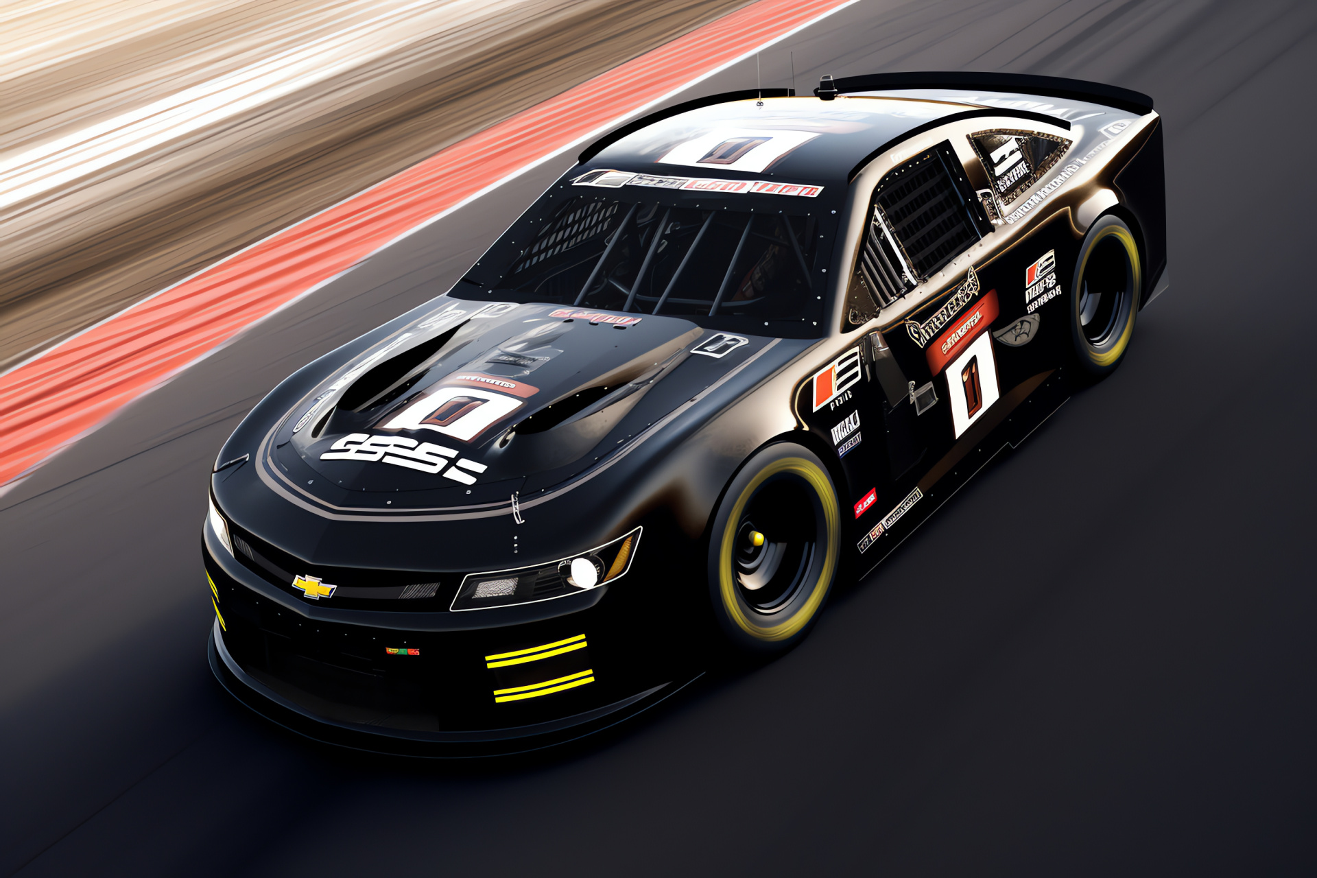 NASCAR competition, racecar operator, obsidian automobile, lofty perspective, two-tone simplicity, HD Desktop Image