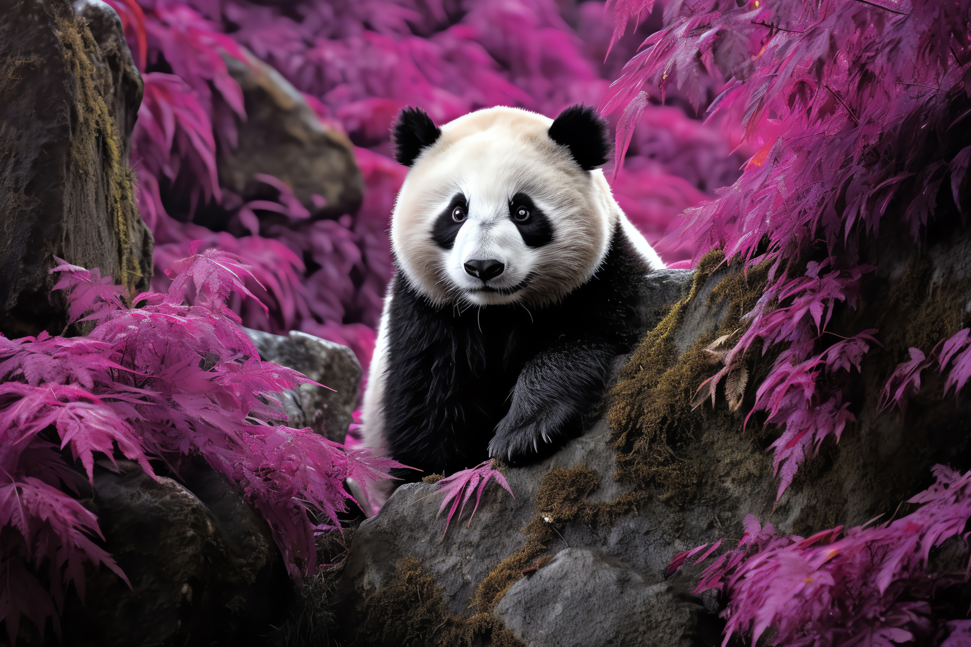 Enigmatic panda bear, Mystic purple gaze, Monochrome mammal, Ethereal creature, Bamboo thicket, HD Desktop Wallpaper