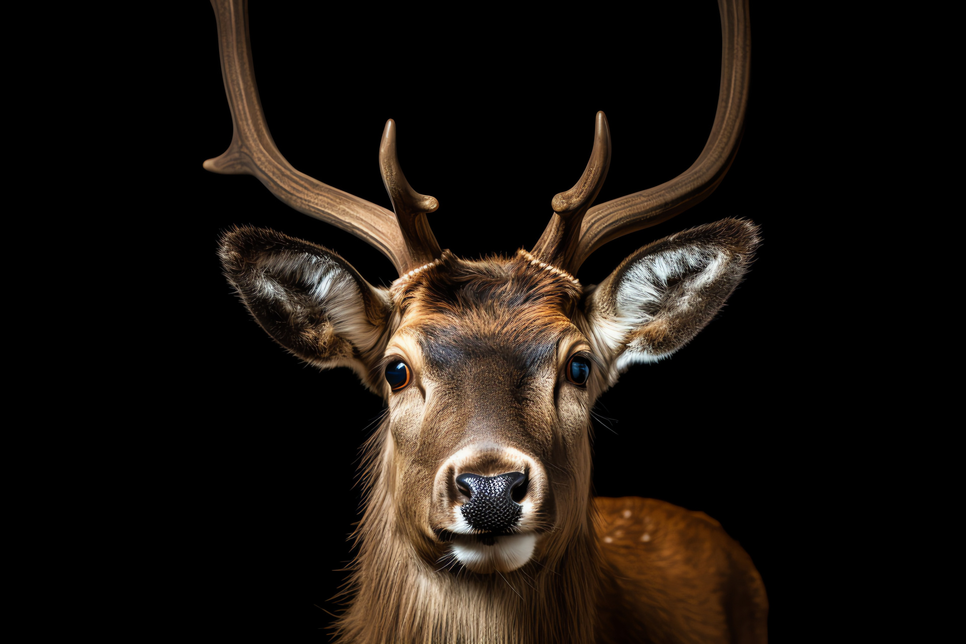 Curious reindeer, Black backdrop, Amber-eyed herbivore, Cervidae interest, Creature's presence, HD Desktop Wallpaper