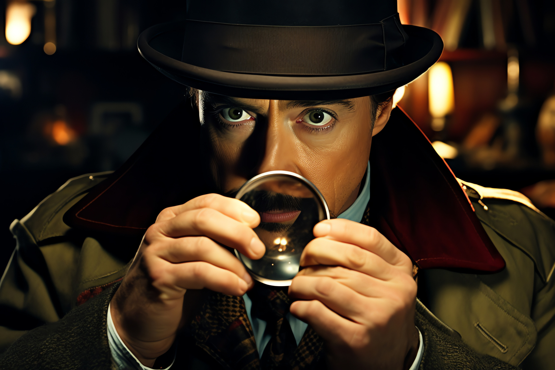 Renowned Robert Downey Jr., iconic Holmes, detailed magnified shot, famed detective cap, investigative tool, HD Desktop Image