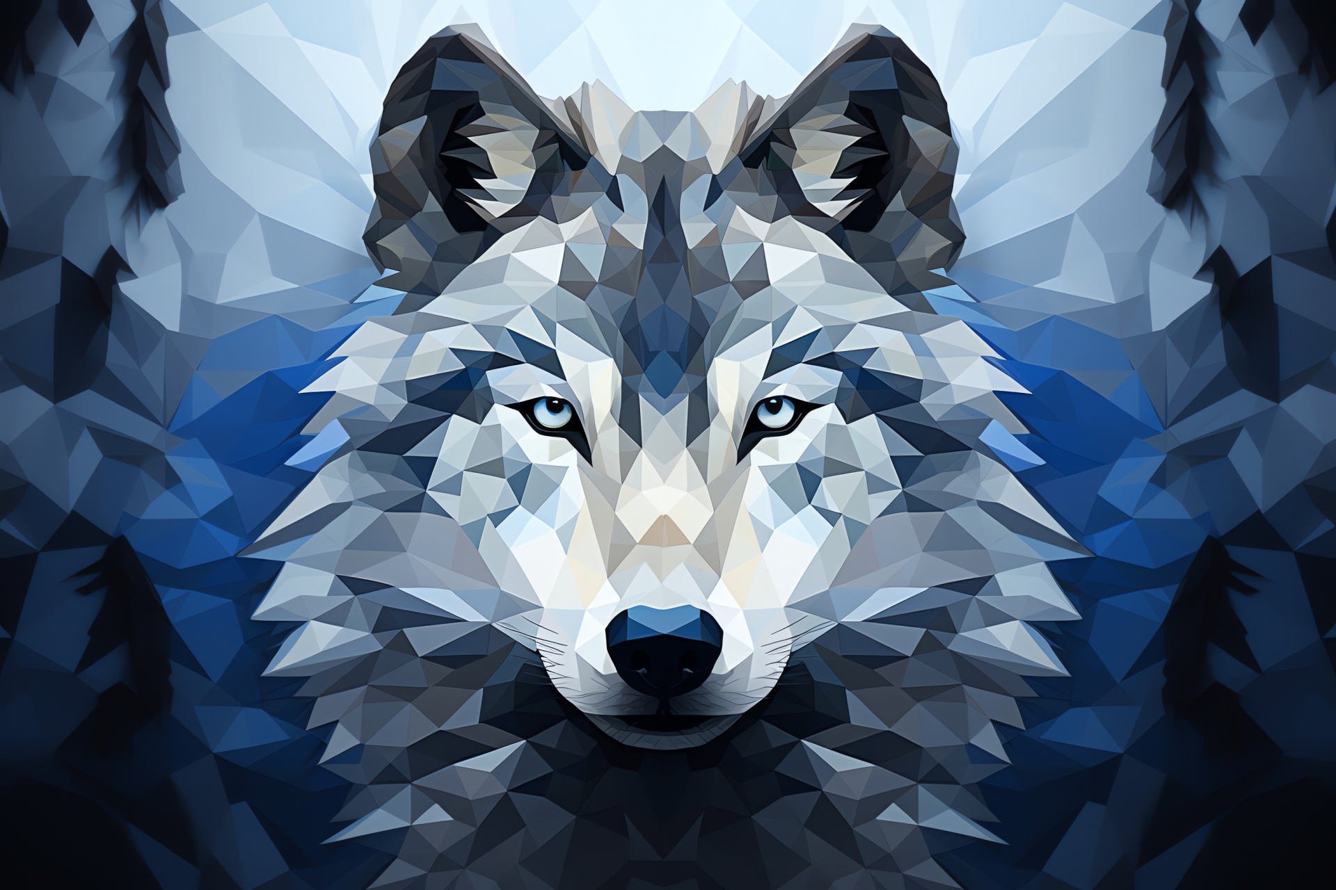 Grey and white timber wolf, Canine with calm expression, Geometric backdrop contrast, Lobo wildlife, HD Desktop Image