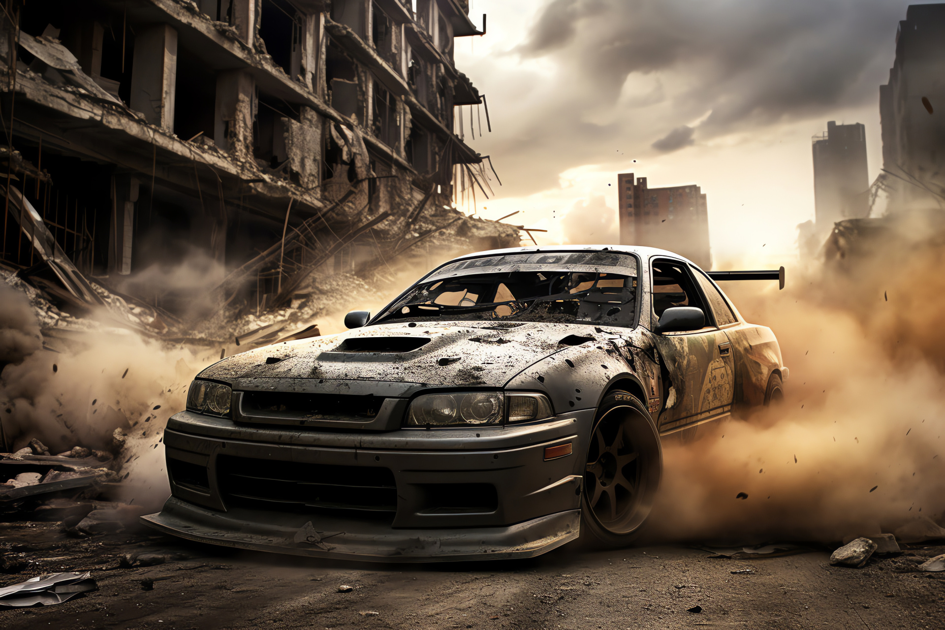 Nissan S15 Silvia vehicle, Apocalyptic scene, Ruined cityscape, Smoke clouds, Auto chaos theme, HD Desktop Image