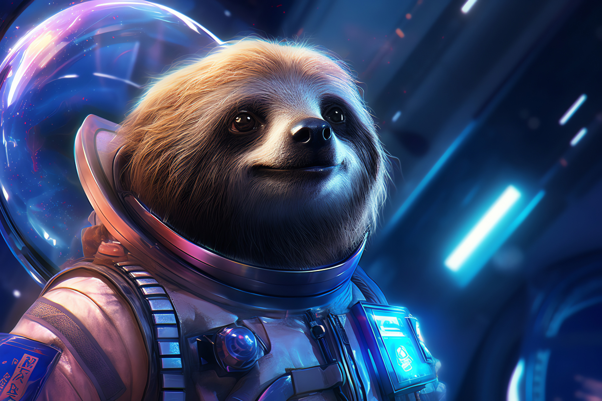 Space environment Sloth Astronaut, Blue-eyed friendly mammal, Zero-gravity sloth astronaut, Floating soft-furred creature, Interstellar voyage concept, HD Desktop Wallpaper