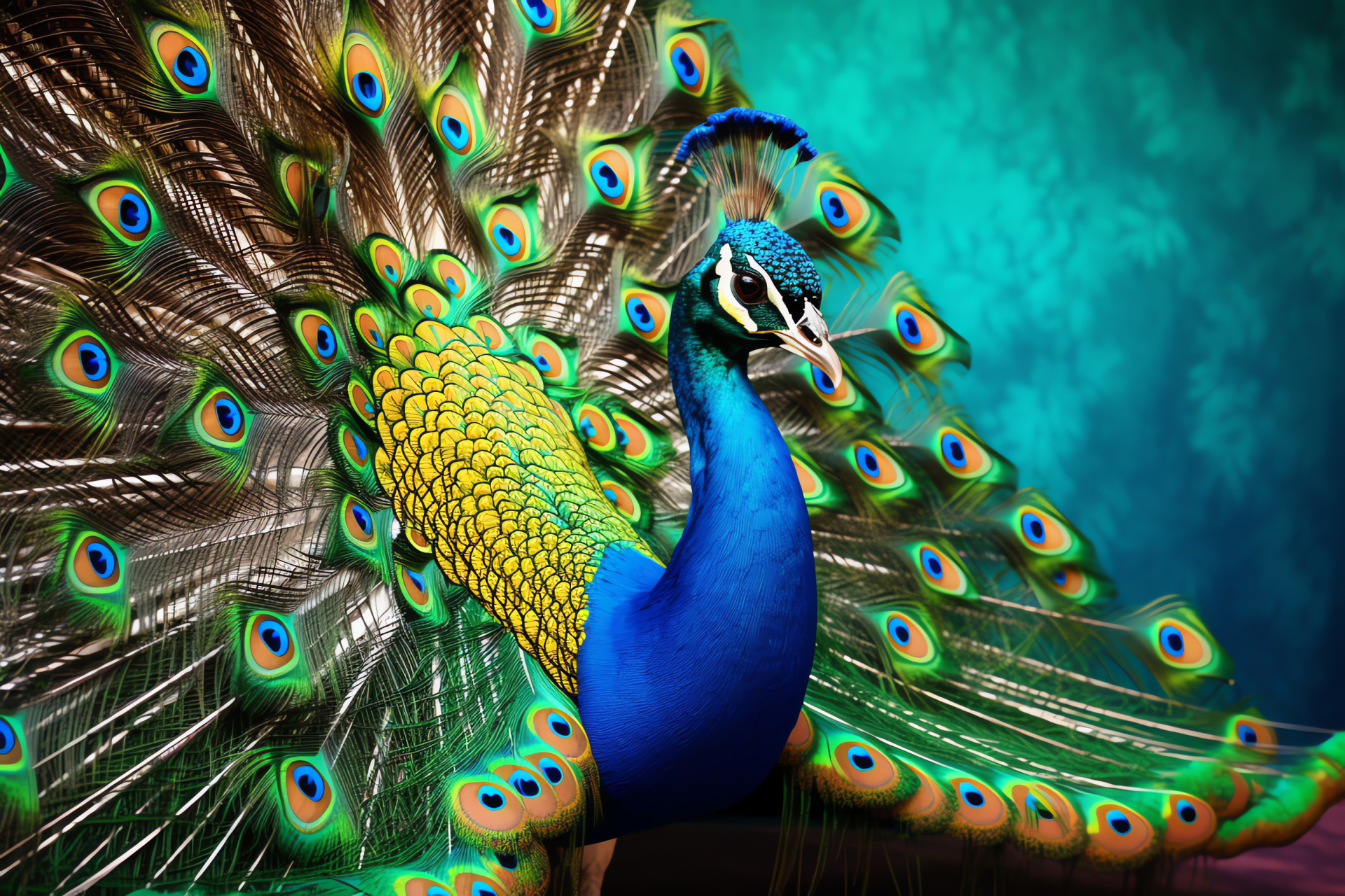 Peacock fan expanse, opulent tail feathers, indigo shades, glimmering patterns, avian grace, HD Desktop Image