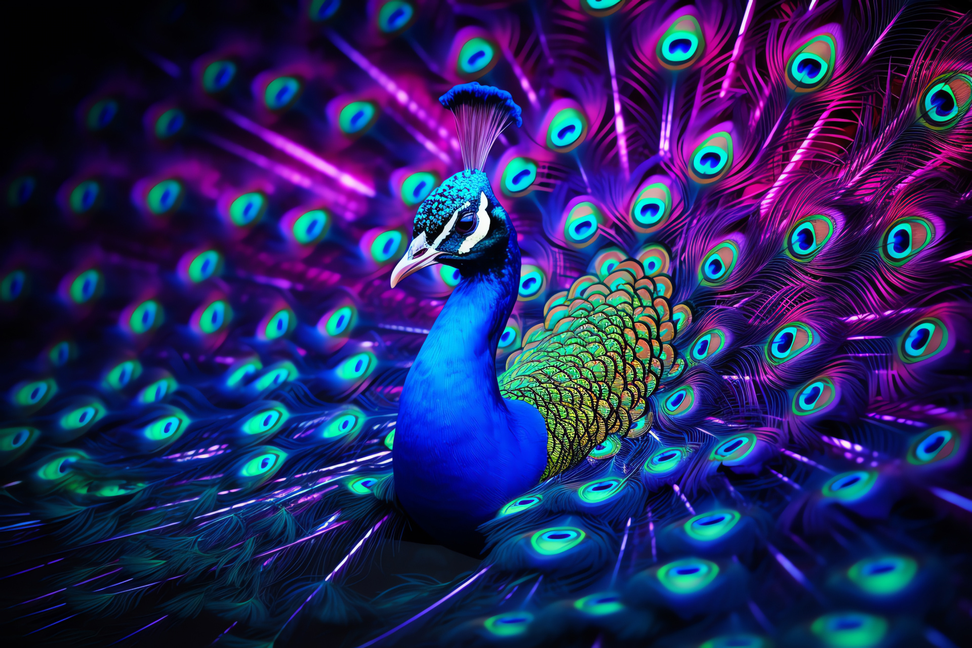 Bird Peacock, majestic Peacock posture, shimmering feather colors, avian dance, illuminated ambiance, HD Desktop Image