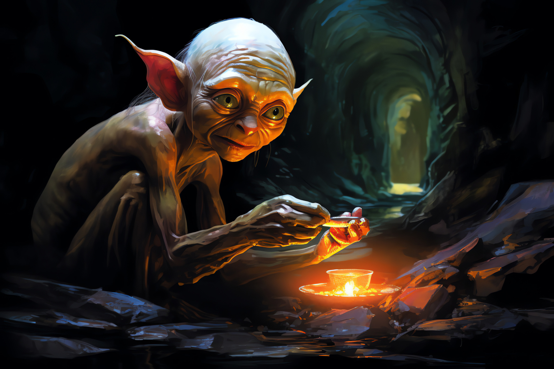 Creature Smeagol, faintly illuminated cavern, petite campfire, skeletal appendages, recent prey catch, HD Desktop Image